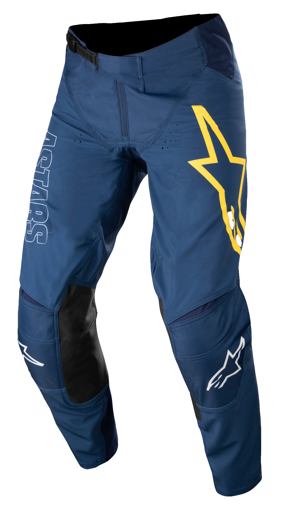 Alpinestars Techstar Phantom Pants, calças de motocross, azul escuro com detalhes em amarelo e branco, painéis de joelho em pele preta, logótipo de estrela amarela grande na coxa, marca ASTARS em branco, tecido rip-stop elástico durável para corridas todo-o-terreno