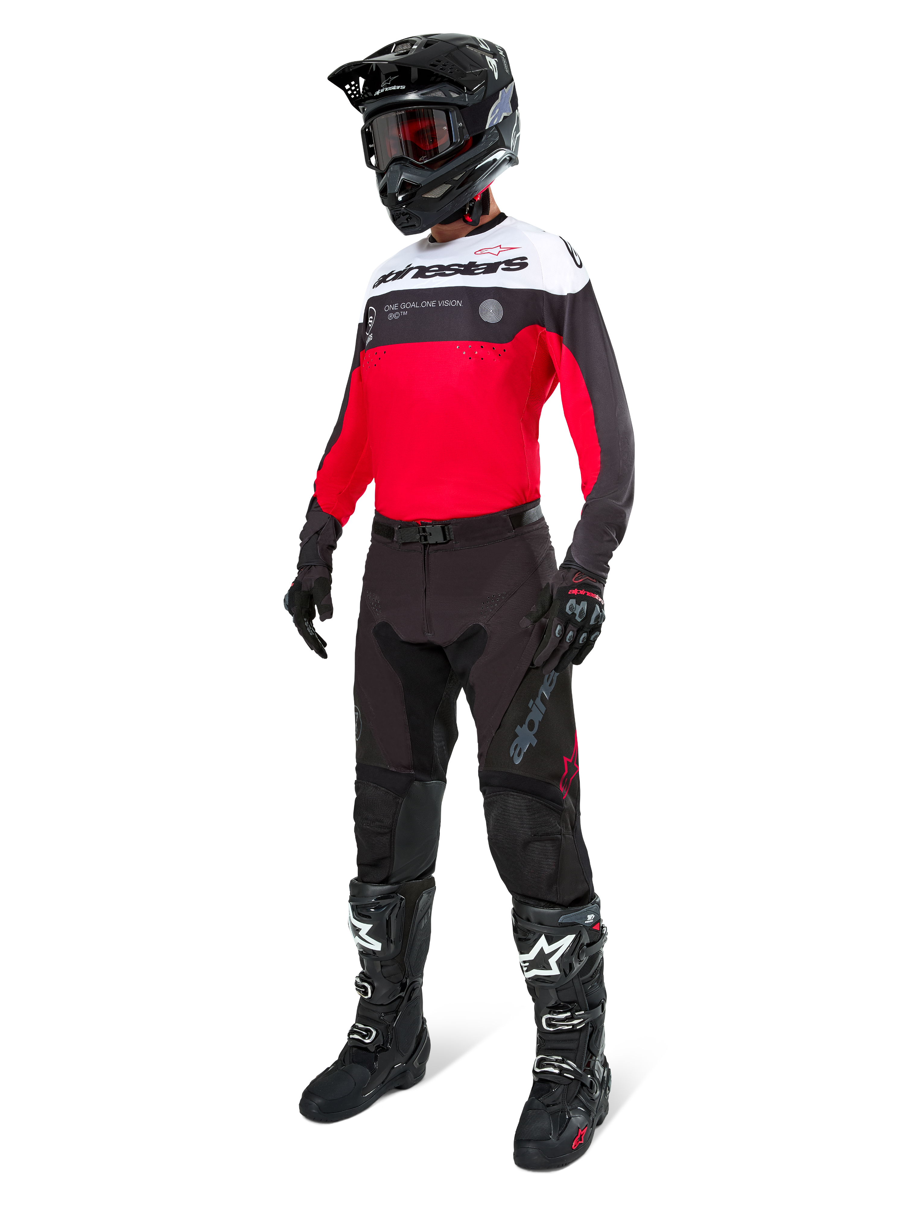 Alpinestars Pro-Dura Pants in Black Magnet White, worn by a rider with a matching red, black and white jersey, black helmet, and black off-road boots, complete professional enduro racing gear set for off-road performance.
