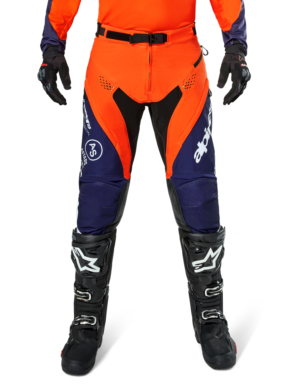 Alpinestars Pro-Dura Pants, Motocross and Enduro Pants, Navy Hot Orange and White, featuring black panels and white logos, worn with black off-road boots and gloves, professional protective gear for trail and off-road riding