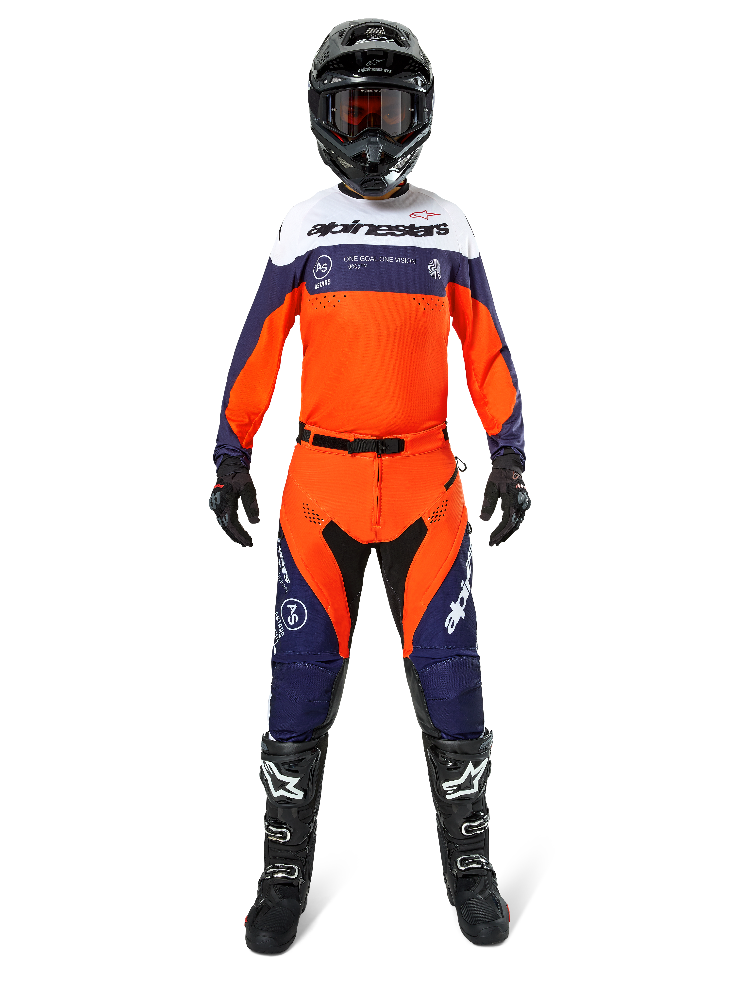 Motocross rider wearing Alpinestars Pro-Dura Pants in Navy Hot Orange White, featuring a matching long-sleeve jersey, black helmet with goggles, black gloves, and black motocross boots, complete off-road racing gear.