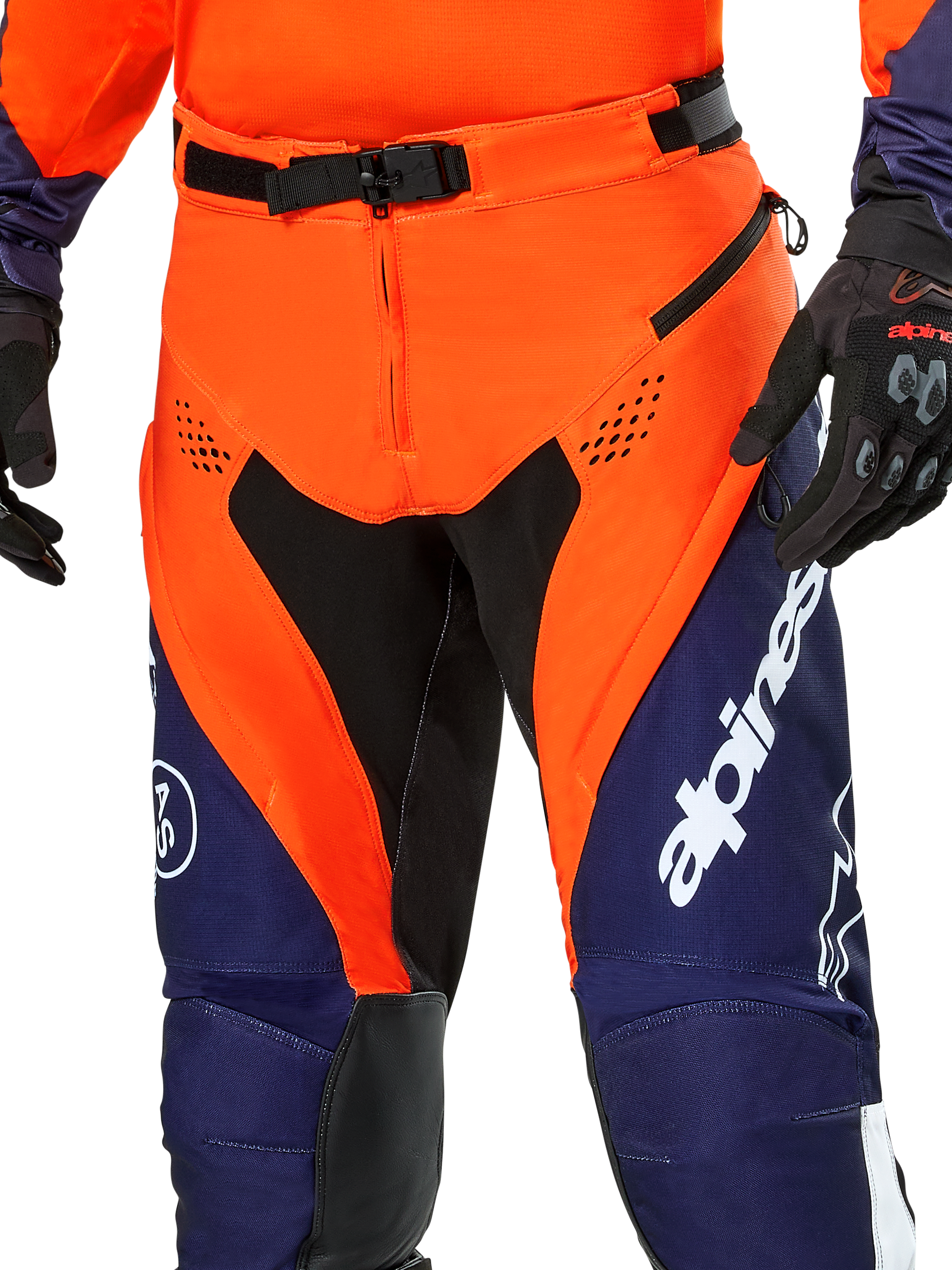 Alpinestars Pro-Dura Pants, Enduro Motorcycle Pants, Navy Hot Orange and White, detail view of the waist featuring SX2 magnetic buckle and zippered thigh vents, durable ripstop material with bold branding, worn with matching gear