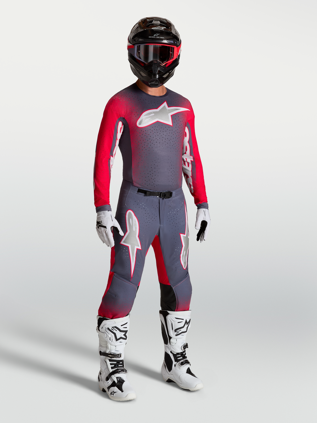 Alpinestars Calças Supertech Hiten AFD e Supertech Hiten AFD Gear Set, motocross para homem, cinzento e vermelho fluorescente.