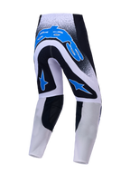 Alpinestars Supertech Hiten AFD, calças de motocross pretas, brancas e azuis, vista traseira em malha elástica.