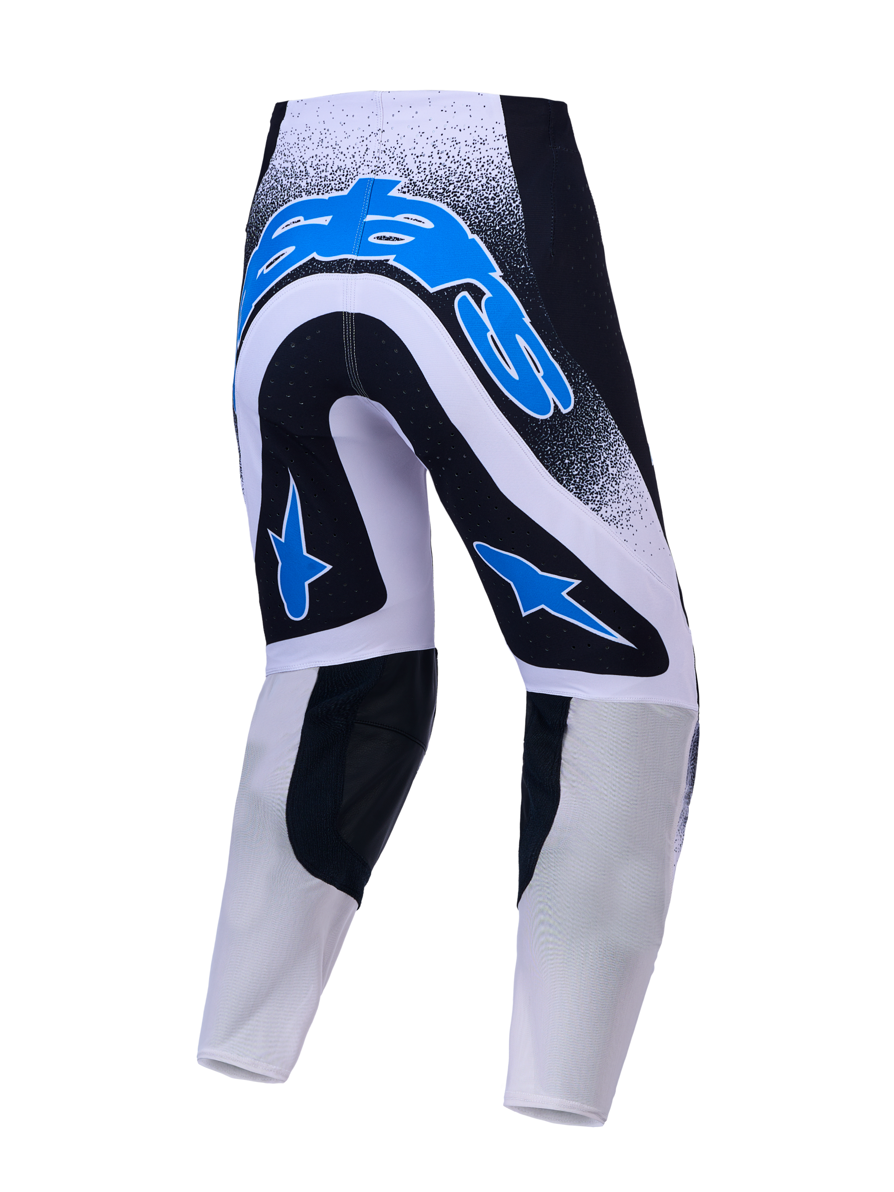 Alpinestars Supertech Hiten AFD, calças de motocross pretas, brancas e azuis, vista traseira em malha elástica.