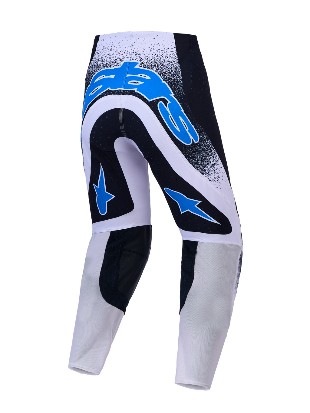 Alpinestars Supertech Hiten AFD, calças de motocross para homem, azuis e brancas, vista traseira, tecido ripstop elástico.