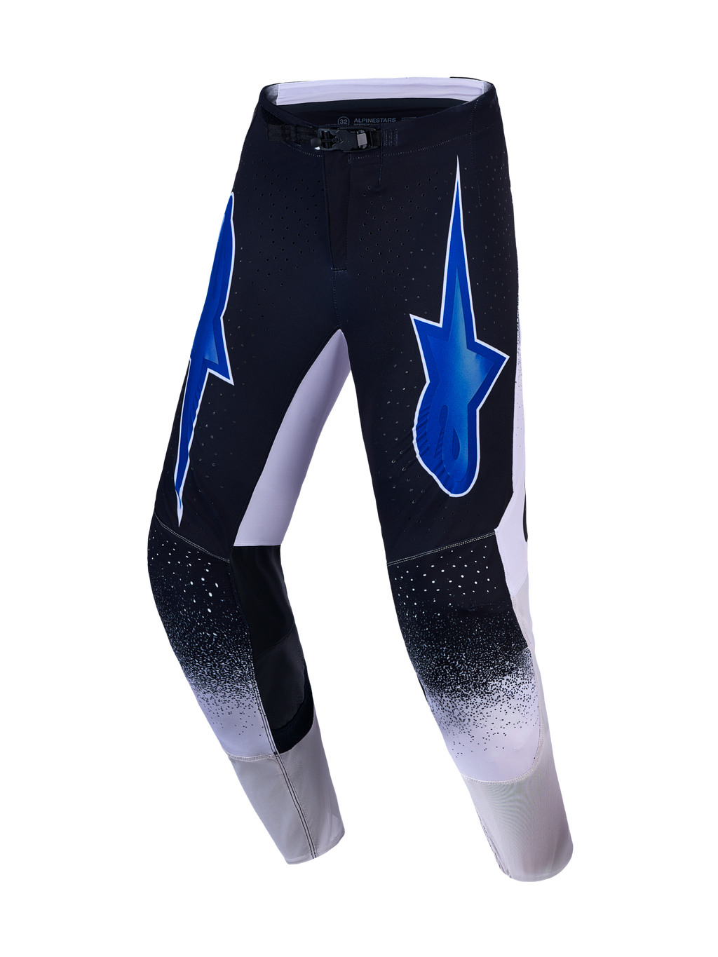 Alpinestars Supertech Hiten AFD, calças de motocross para homem, pretas e azuis, ajuste atlético elástico com logótipos de estrela e painéis em pele