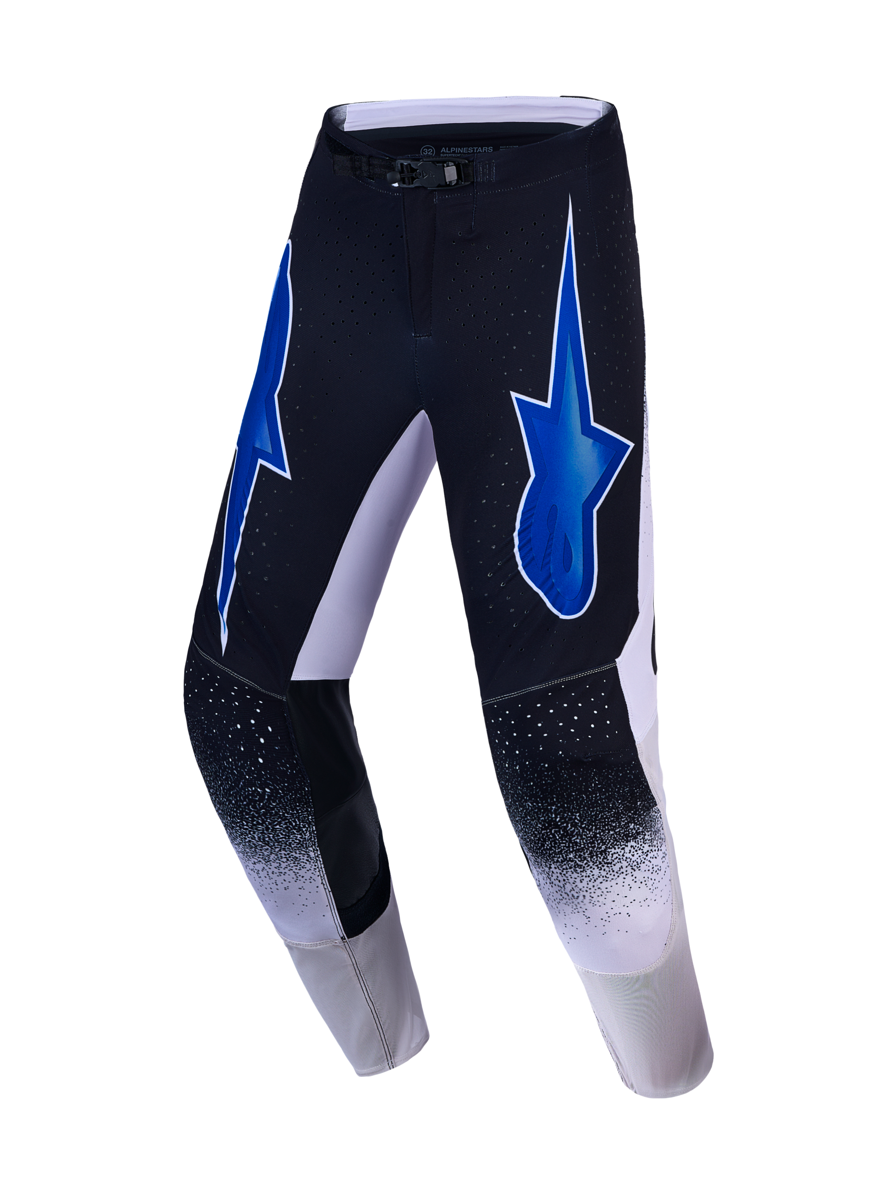 Alpinestars Supertech Hiten AFD, calças de motocross para homem, pretas e azuis, ajuste atlético elástico com logótipos de estrela e painéis em pele