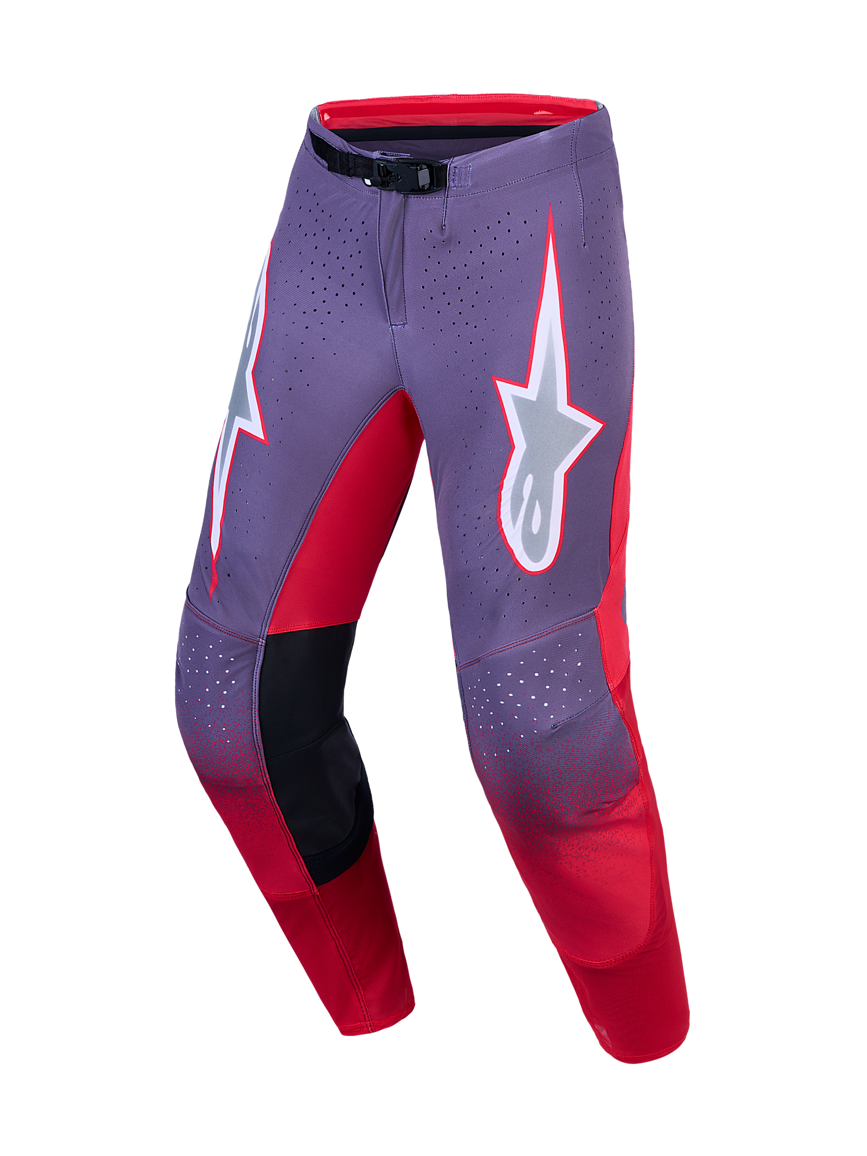 Alpinestars Calças Supertech Hiten AFD para homem, calças de motocross, lilás e vermelho fluorescente, ripstop elástico.