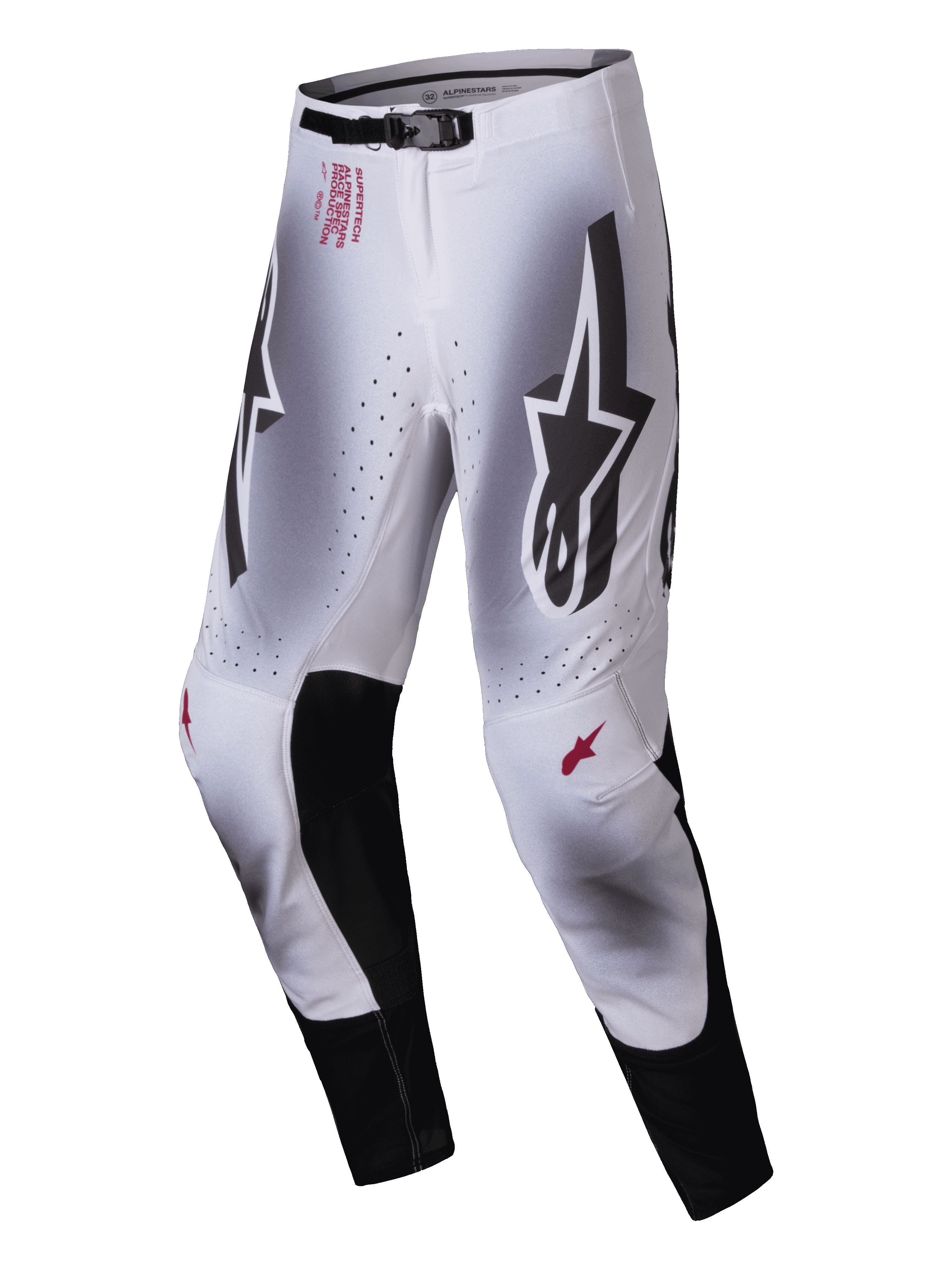 Alpinestars 2025 Supertech Maker Pants, Motocross Pants, Silver and Black, featuring large black Astars logos on the thighs, red technical branding on the hip, black leather inner knee panels, and perforated ventilation zones.