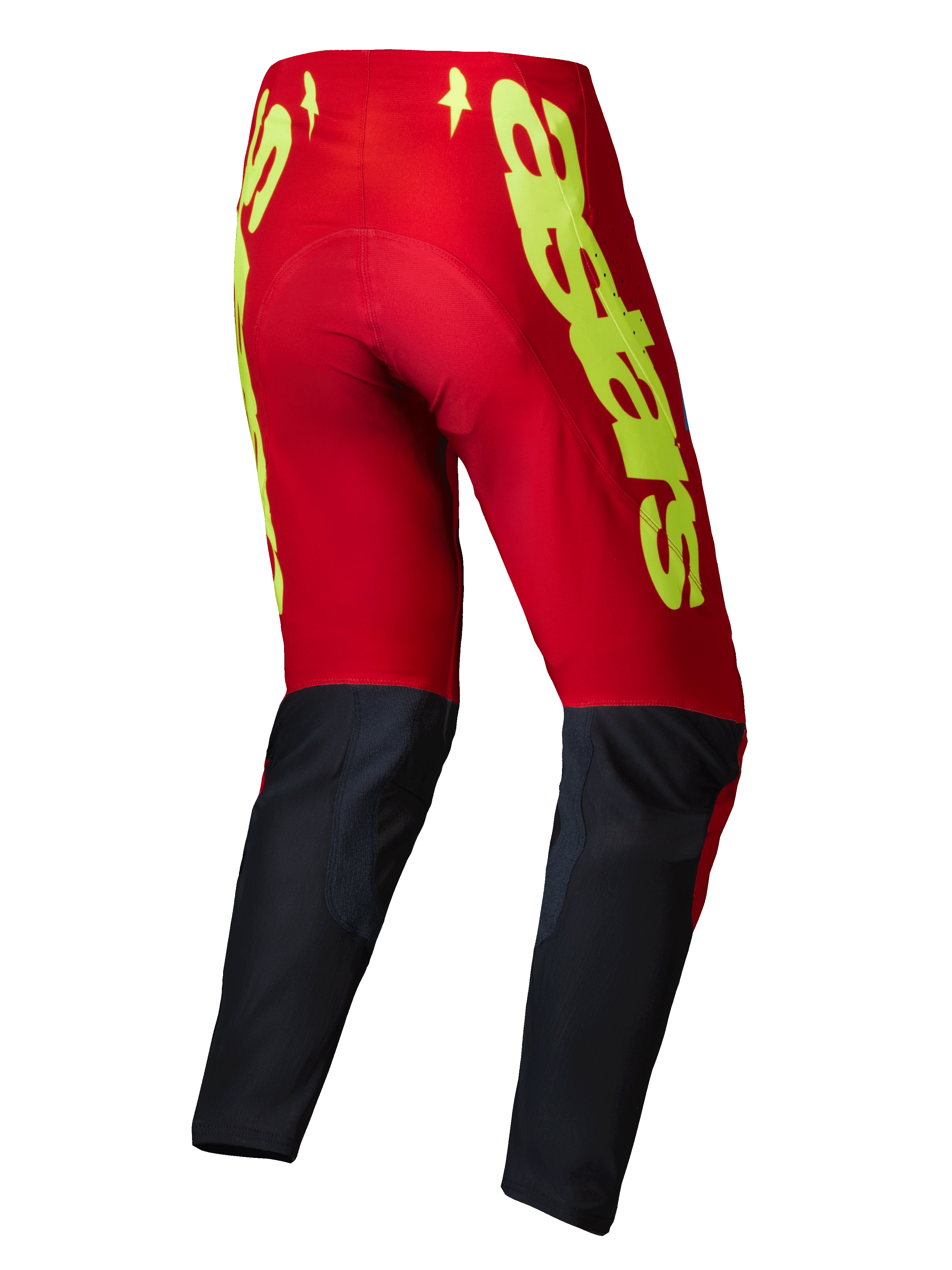 Alpinestars 2025 Supertech Maker Pants, Motocross Pants, Bright Red and Yellow Fluo, rear view showing bold yellow branding on red upper section and black lower leg panels, designed for off-road performance.