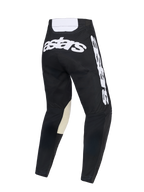 Calças Alpinestars 2026 Racer Air Riway, calças de motocross, pretas e brancas, vista traseira com logótipo 'astars' grande em branco no assento e na lateral, pala traseira branca e reforços interiores dos joelhos em couro esbranquiçado para desempenho off-road
