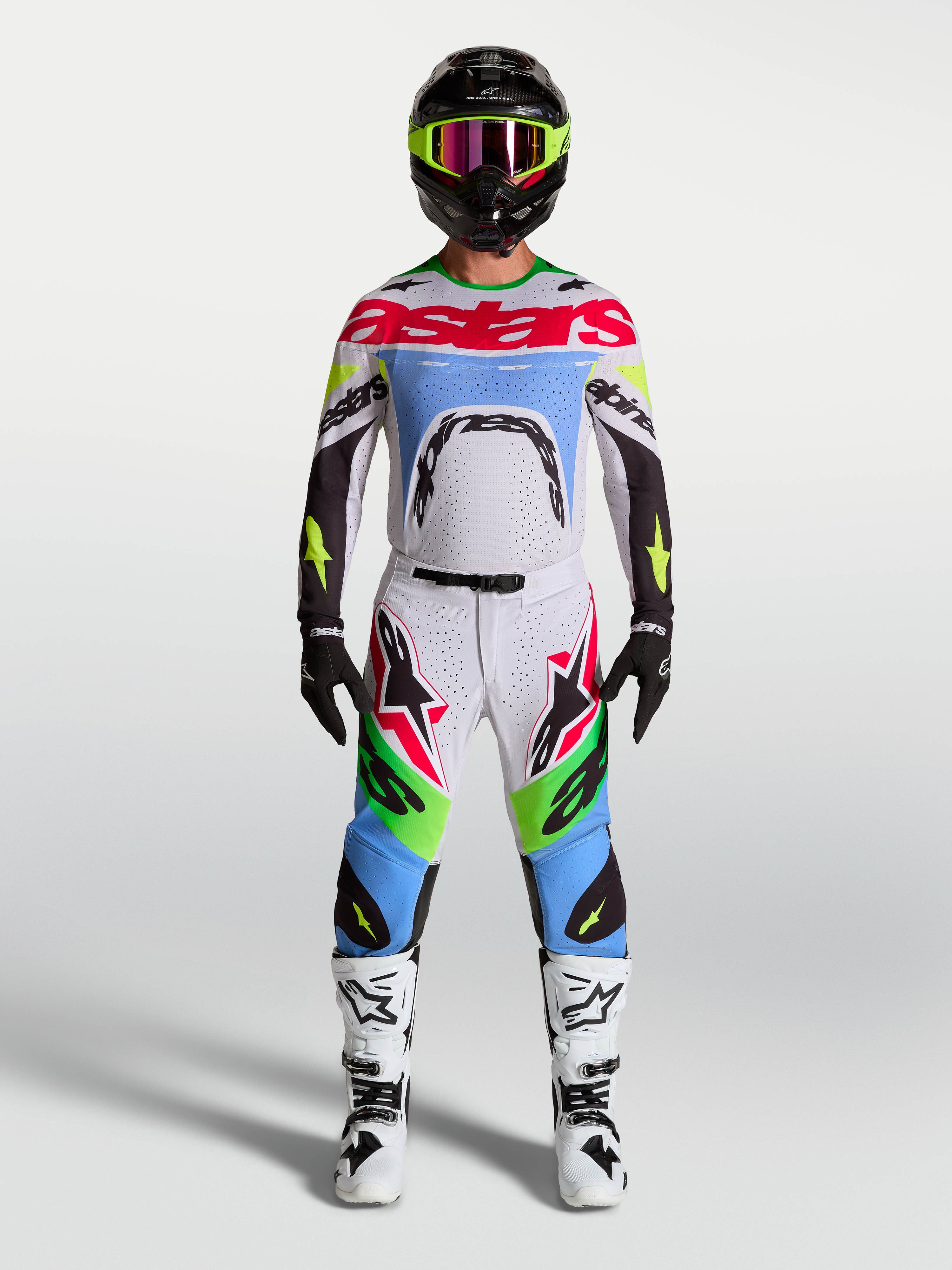Alpinestars Calças Supertech Dyna, equipamento de motocross para homem, verde fluo e lilás claro, rip-stop elástico de alto desempenho.