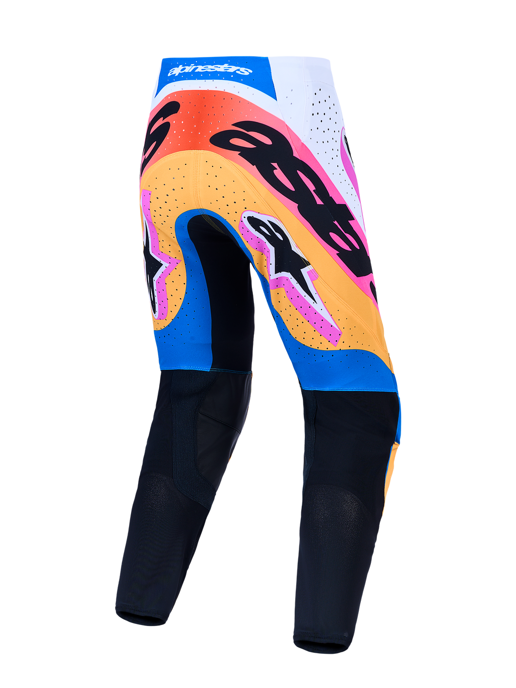 Calças Alpinestars Supertech Dyna, calças de motocross para homem, azuis e pretas com gráficos multicoloridos, vista traseira, equipamento de performance para MX