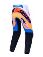 Calças Alpinestars Supertech Dyna, calças de motocross para homem, azuis e pretas com gráficos multicoloridos, vista traseira, equipamento de performance para MX