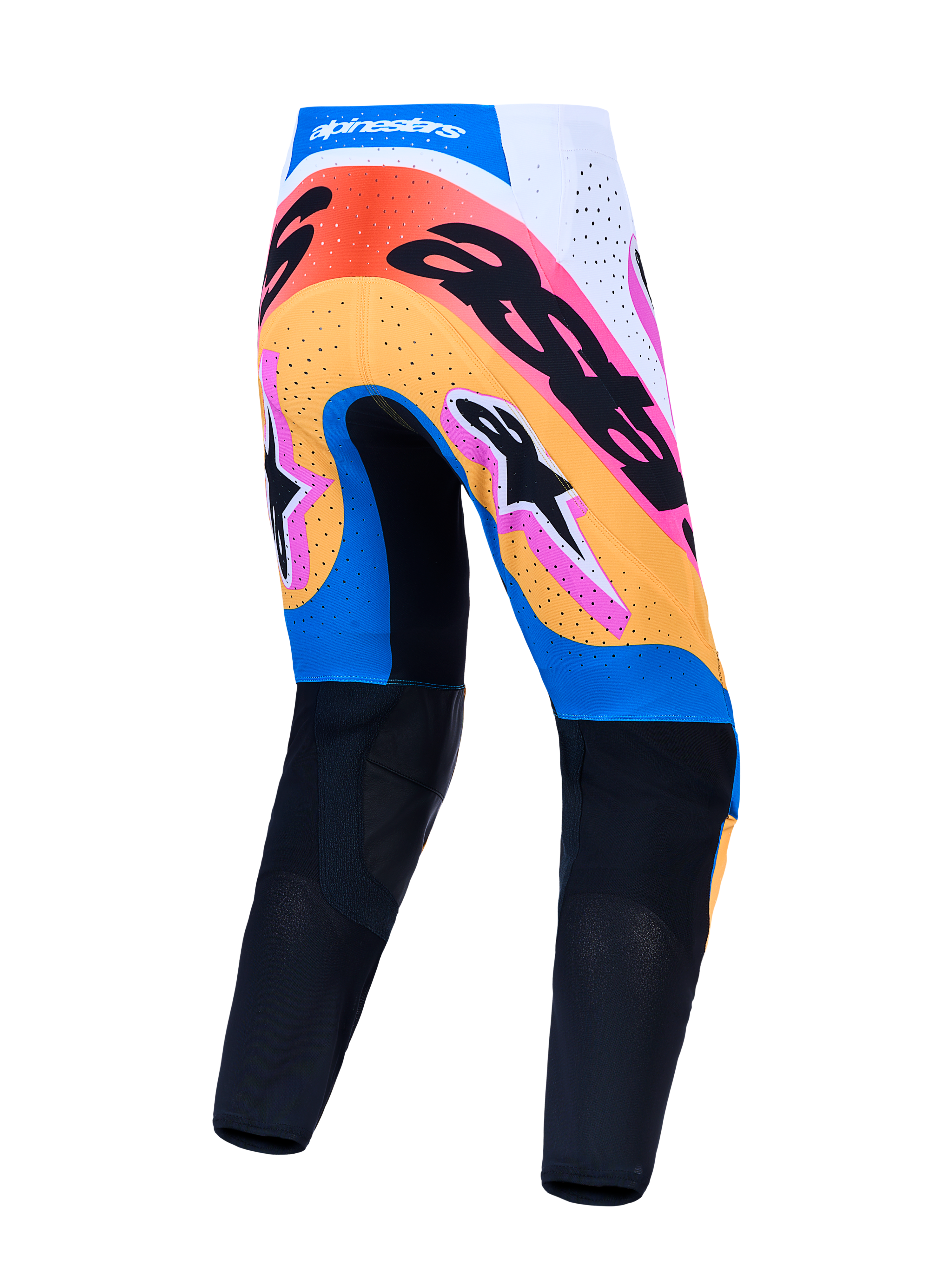 Calças Alpinestars Supertech Dyna, calças de motocross para homem, azuis e pretas com gráficos multicoloridos, vista traseira, equipamento de performance para MX