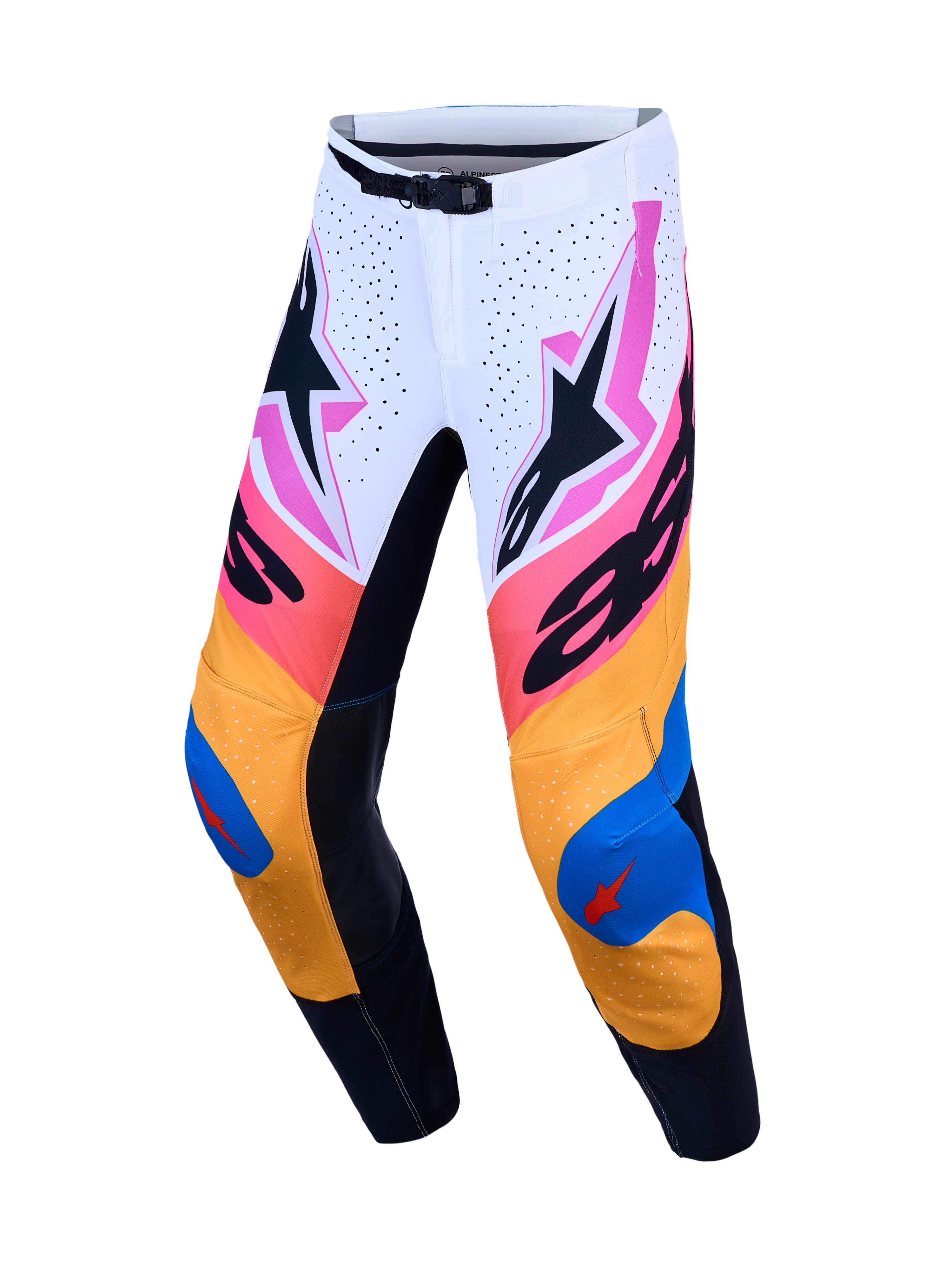 Alpinestars Calças Supertech Dyna, calças de motocross para homem, brancas, azuis e laranja, em rip-stop elástico leve.