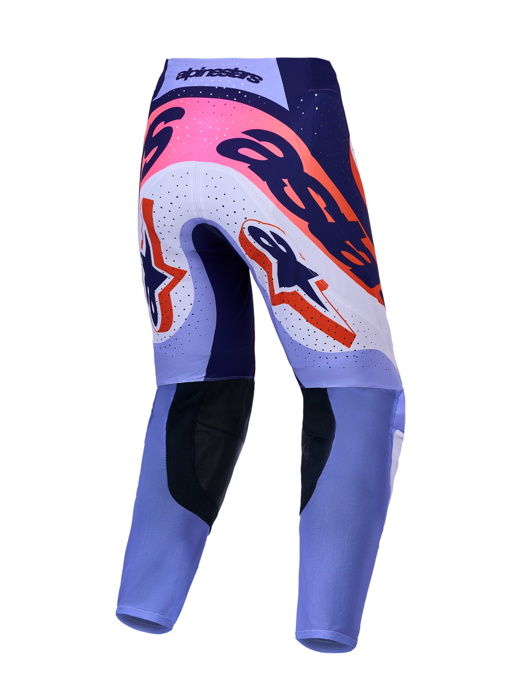 Alpinestars Supertech Dyna, calças de motocross em violeta claro e roxo escuro com detalhes rosa fluo, vista traseira.