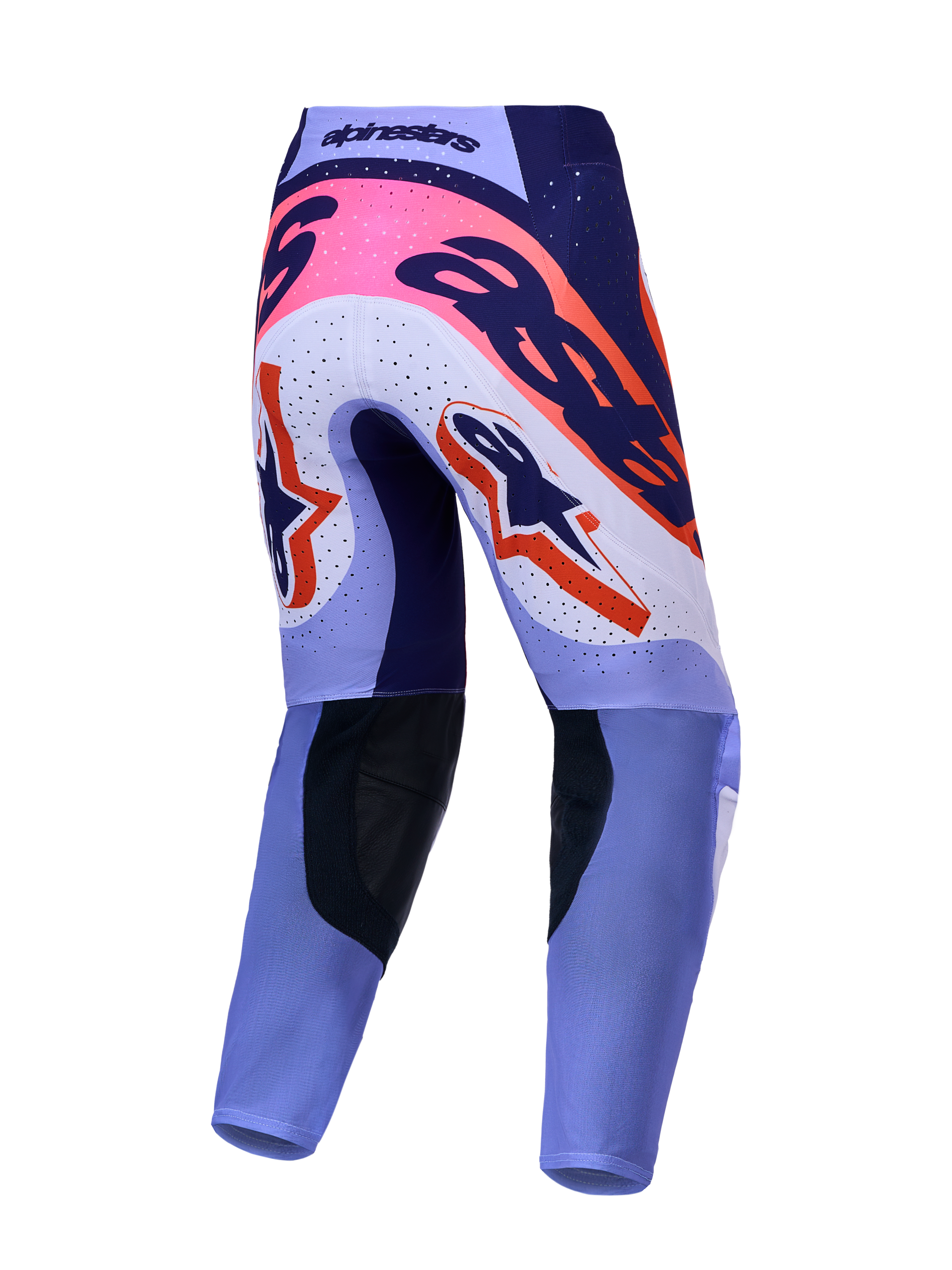 Alpinestars Supertech Dyna, calças de motocross em violeta claro e roxo escuro com detalhes rosa fluo, vista traseira.
