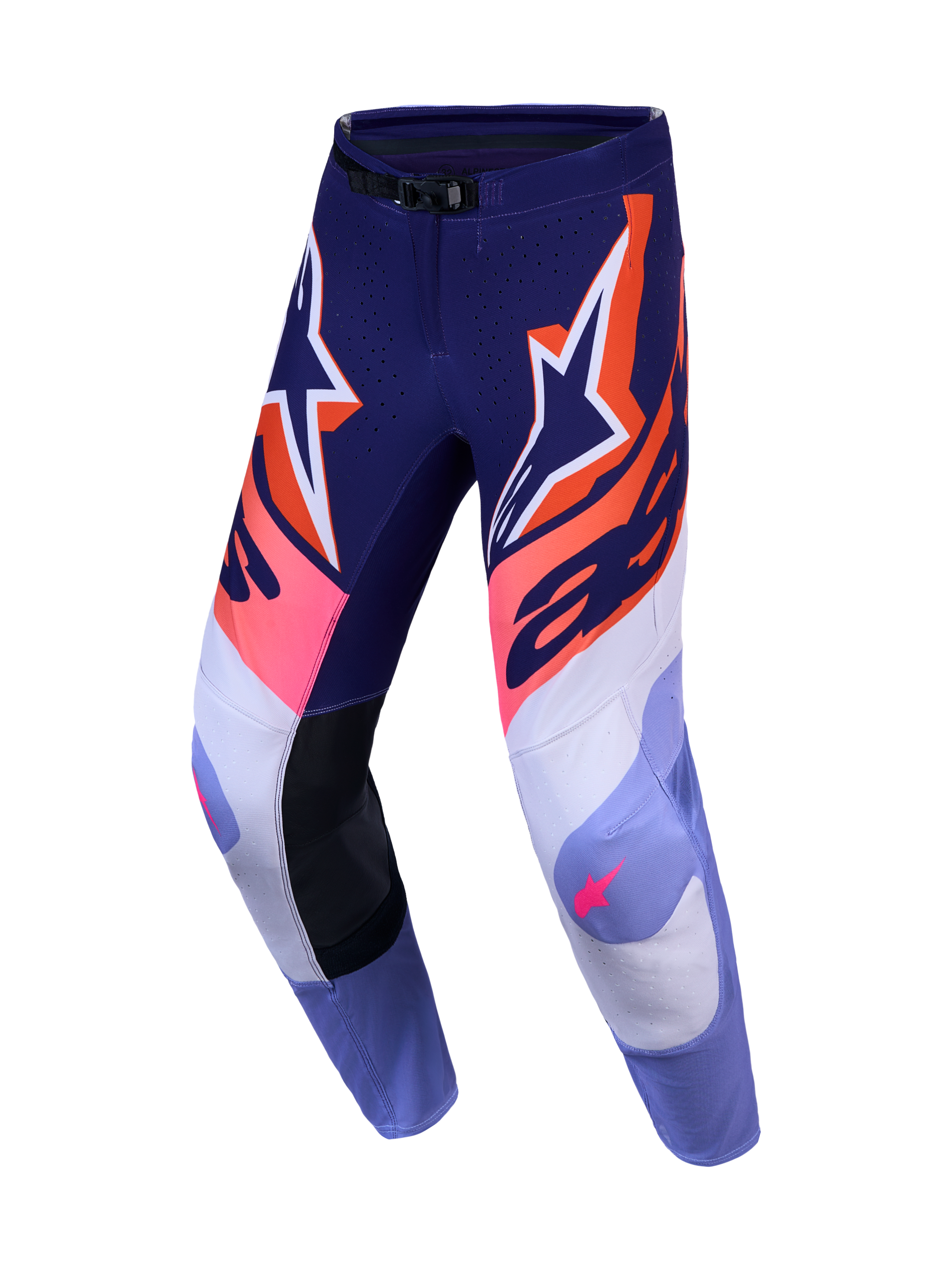Alpinestars Supertech Dyna 2027, calças de motocross para homem, roxas e rosa fluo, em ripstop elástico de performance.