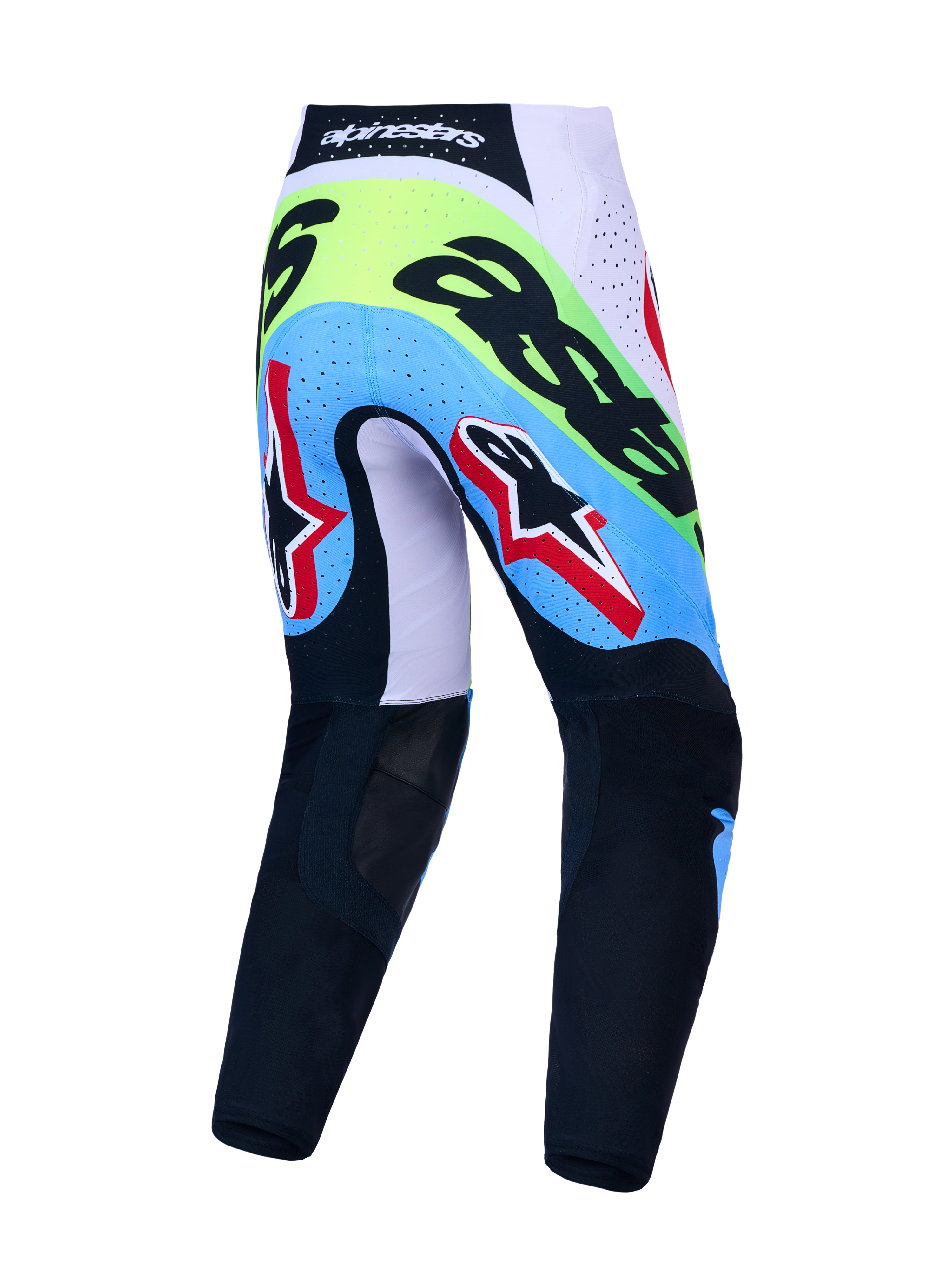 Alpinestars Supertech Dyna, calças de motocross para homem, verde fluo e pretas, vista traseira com zonas respiráveis.