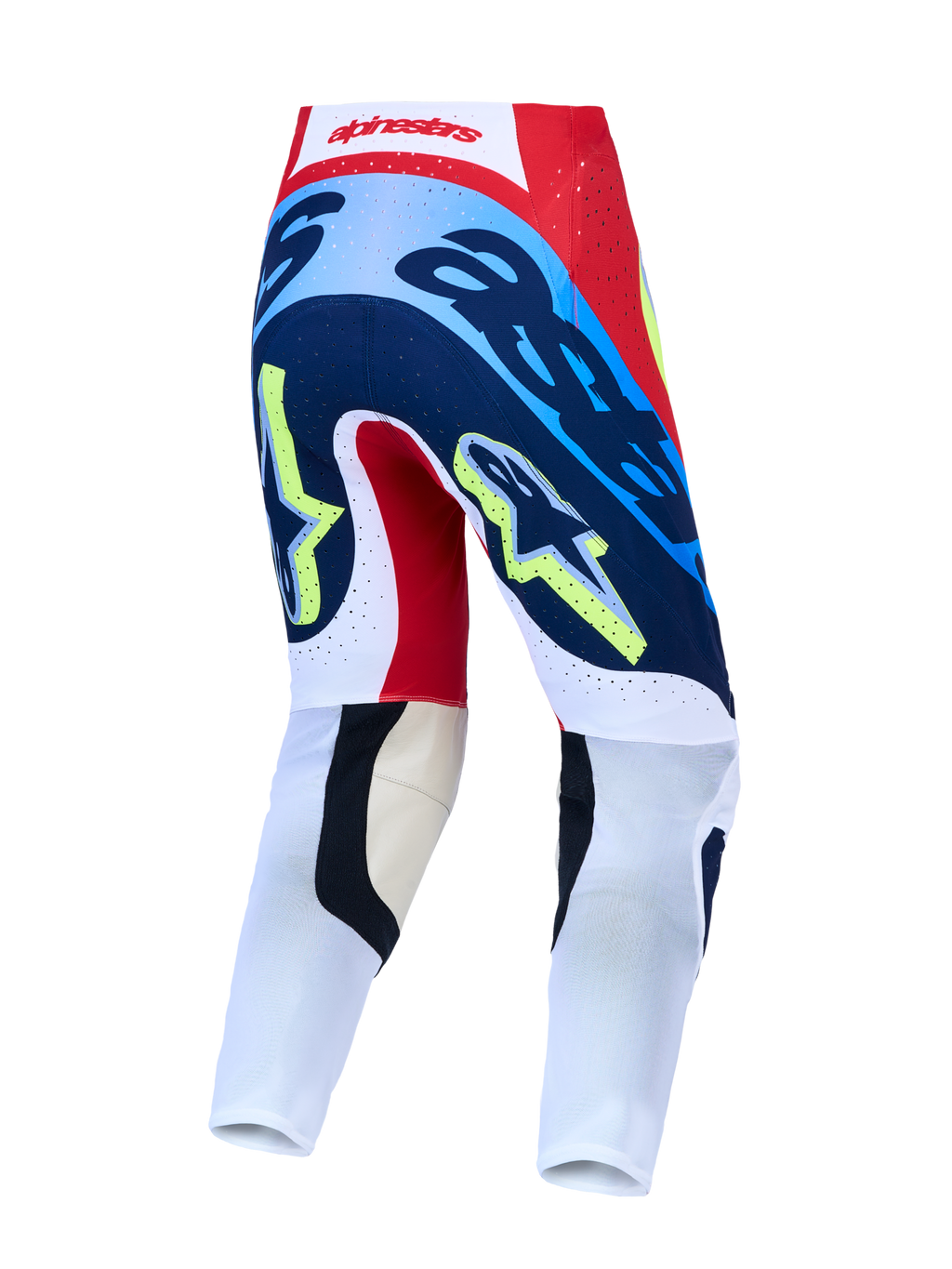 Alpinestars Supertech Dyna, calças de motocross vermelhas e azul-marinho, vista traseira com ajuste atlético.