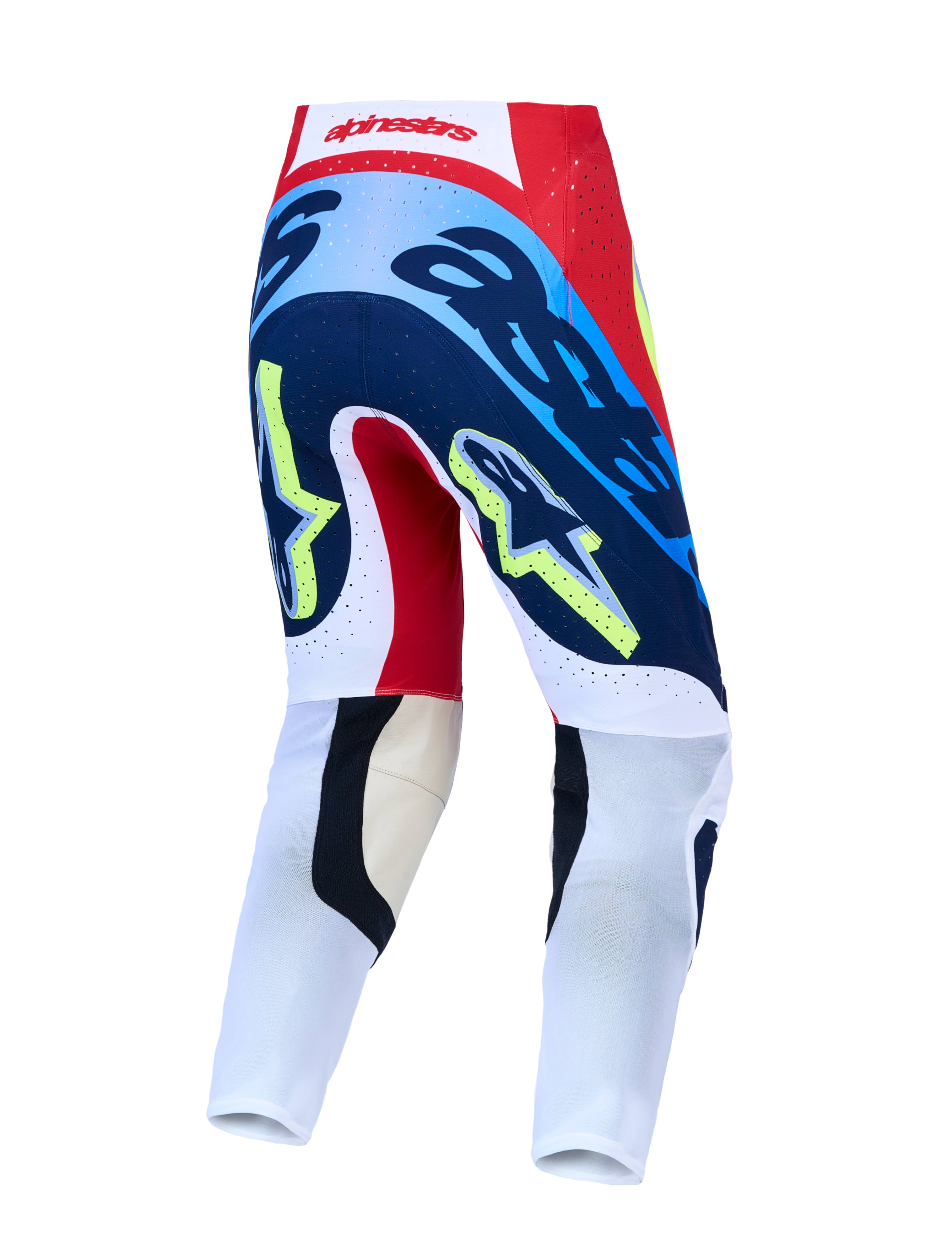 Alpinestars Supertech Dyna, calças de motocross vermelhas e azul-marinho, vista traseira com ajuste atlético.