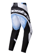 Alpinestars 2025 Techstar Melt Pants, calças de motocross, pretas, brancas e azuis com efeito de gradiente melt, vista traseira com logótipo branco grande nas ancas e logótipos de estrela nas coxas, design desportivo para corridas todo-o-terreno