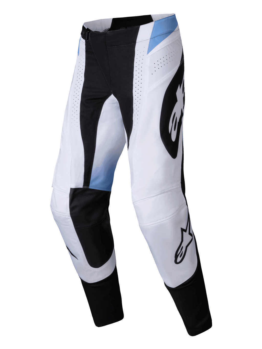 Alpinestars 2025 Techstar Melt Pants, calças de motocross, brancas e pretas com detalhes em azul claro, grandes logótipos Alpinestars pretos, furos de ventilação cortados a laser, ajuste atlético durável para corridas todo-o-terreno