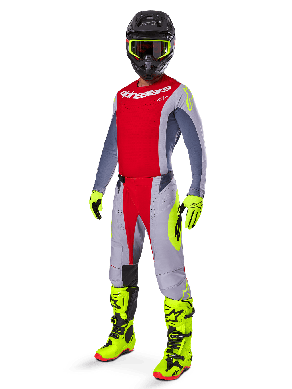Motocross rider wearing complete racing gear, Red and Gray jersey with Alpinestars branding, 2025 Techstar Melt Pants in Bright Red and Gray with neon yellow accents, bright yellow boots and gloves, black helmet with neon yellow goggles, coordinated outfit for off-road performance.