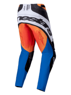 Alpinestars 2025 Techstar Melt Pants, calças de motocross, laranja, azul e branco, vista traseira com logótipo Alpinestars grande a preto num painel traseiro branco, assento laranja com logótipos de estrela vermelhos e parte inferior das pernas em azul
