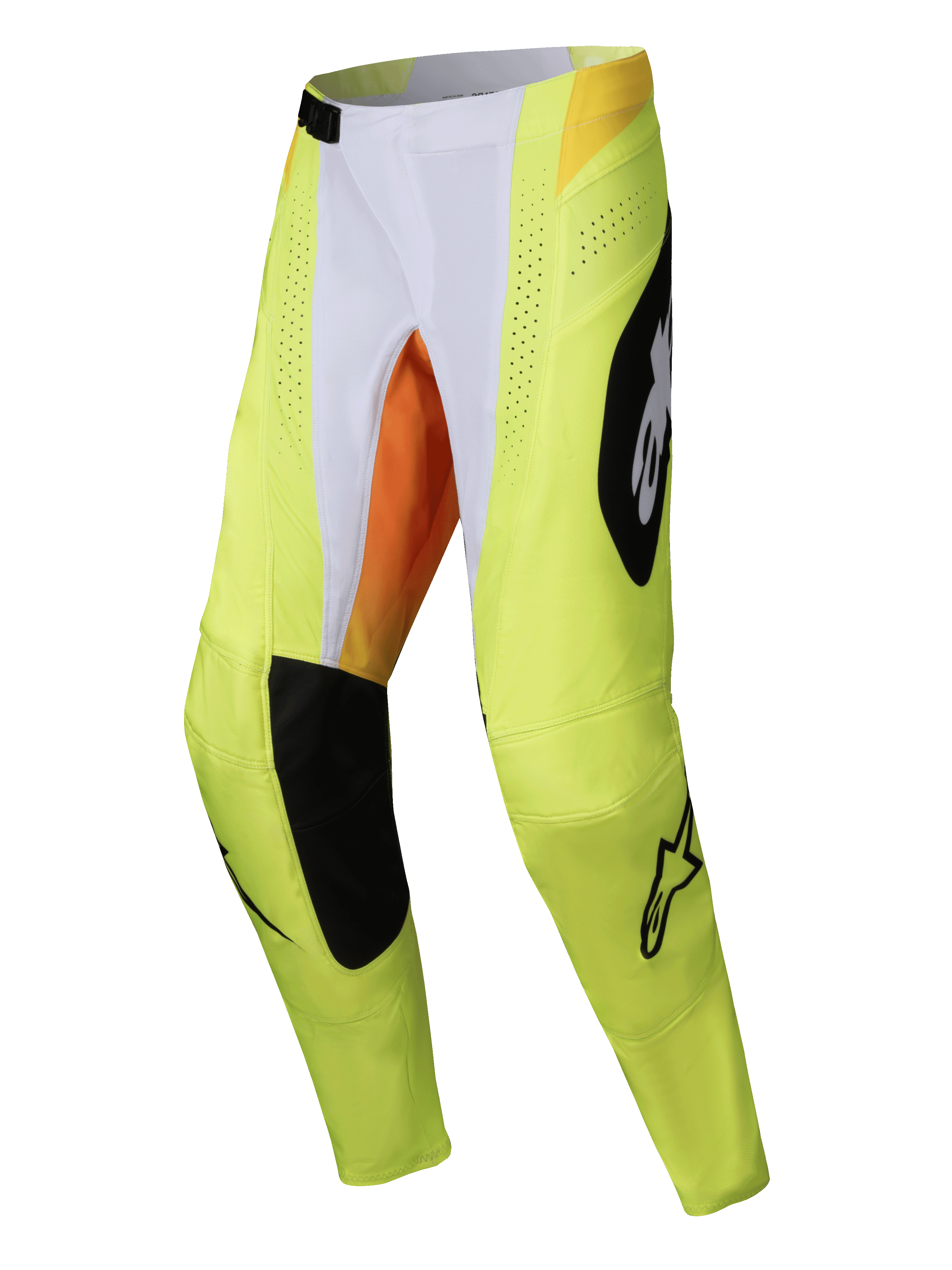 Alpinestars 2025 Techstar Melt Pants, calças de motocross, amarelo néon e preto com detalhes em branco e laranja, com grandes logótipos Alpinestars pretos, perfurações de ventilação cortadas a laser e painéis resistentes para competição todo-o-terreno