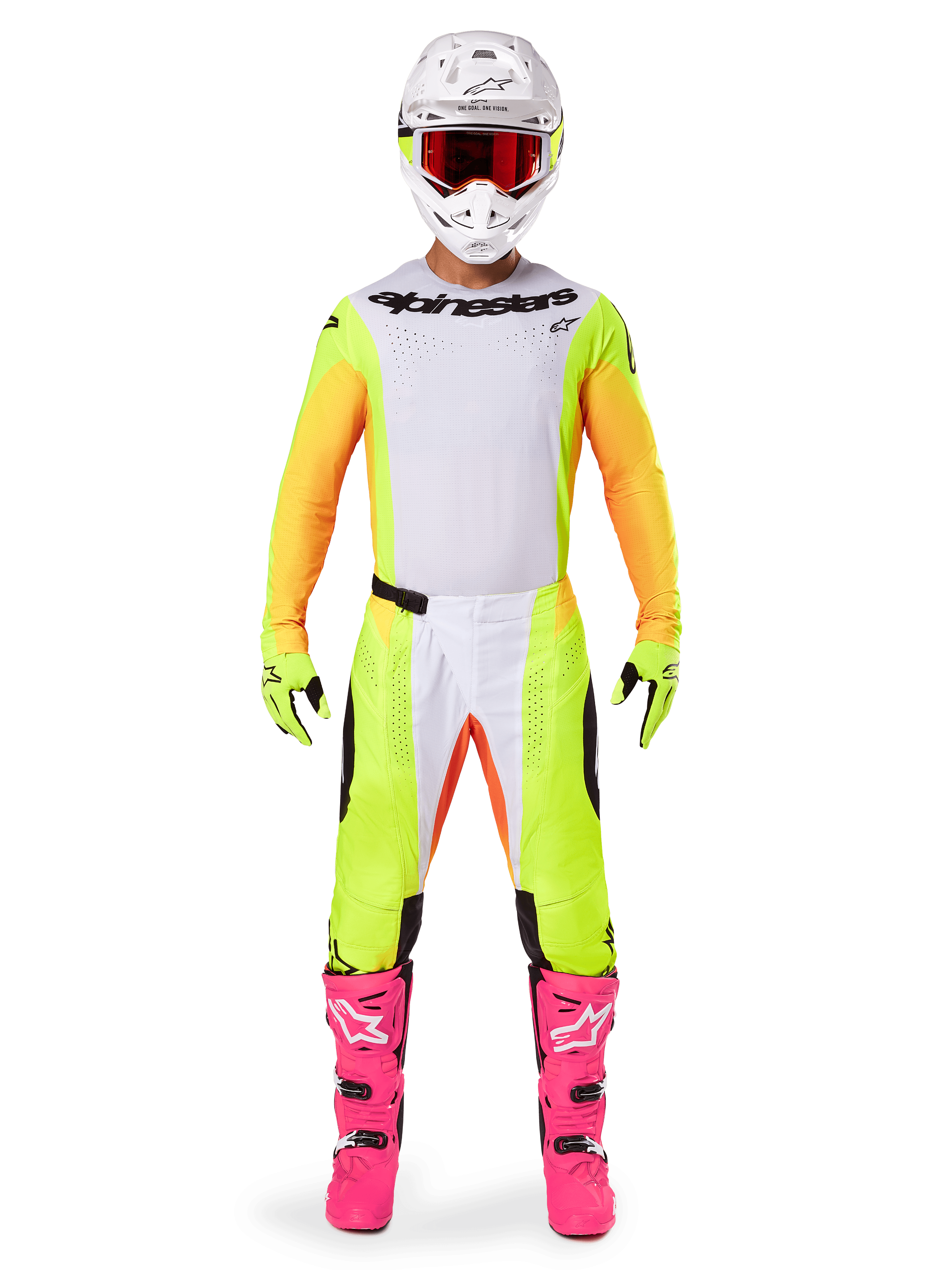 Piloto de motocross com o conjunto de equipamento Alpinestars 2025 Techstar Melt, camisola branca com mangas amarelas e laranja, calças amarelo néon com detalhes brancos e laranja, capacete branco com óculos vermelhos, botas cor-de-rosa vibrante e luvas amarelo néon, equipamento de corrida completo para competição todo-o-terreno