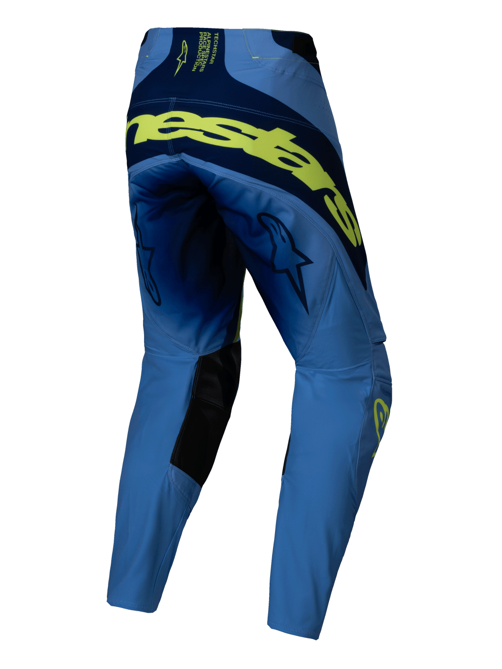 Alpinestars 2025 Techstar Melt Pants, calças de motocross, amarelo néon e azul, vista traseira com marca grande em amarelo fluorescente na parte de trás, painéis em azul-marinho, logótipos de estrela nas coxas e reforços pretos na parte interna dos joelhos