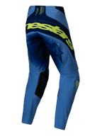 Alpinestars 2025 Techstar Melt Pants, calças de motocross, amarelo néon e azul, vista traseira com marca grande em amarelo fluorescente na parte de trás, painéis em azul-marinho, logótipos de estrela nas coxas e reforços pretos na parte interna dos joelhos