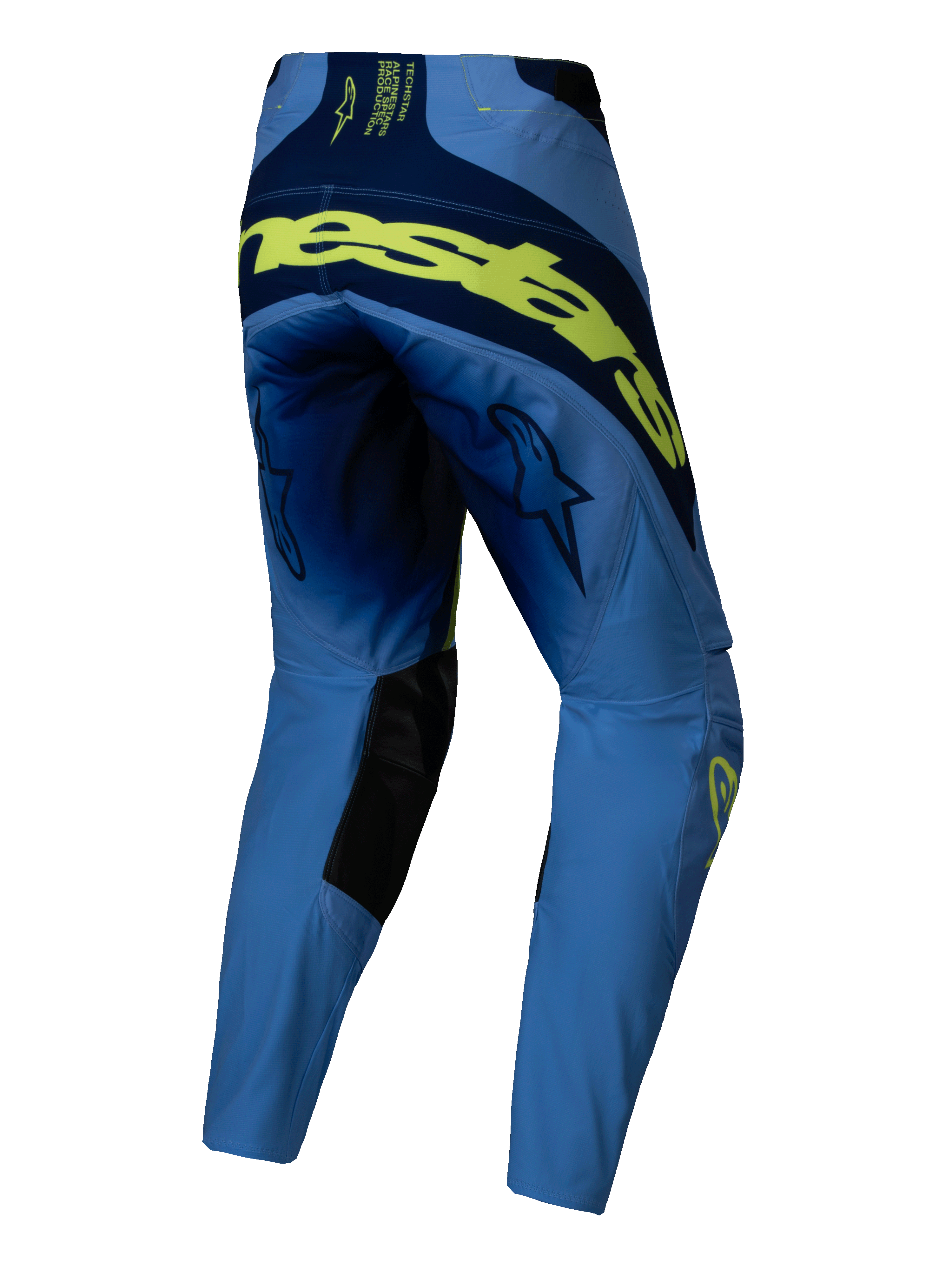 Alpinestars 2025 Techstar Melt Pants, calças de motocross, amarelo néon e azul, vista traseira com marca grande em amarelo fluorescente na parte de trás, painéis em azul-marinho, logótipos de estrela nas coxas e reforços pretos na parte interna dos joelhos
