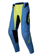 Alpinestars 2025 Techstar Melt Pants, calças de motocross, amarelo fluorescente e azul, azuis com centro e detalhes do logótipo em amarelo néon, painéis internos nos joelhos em preto, perfurações a laser, ajuste atlético de corrida para performance todo-o-terreno