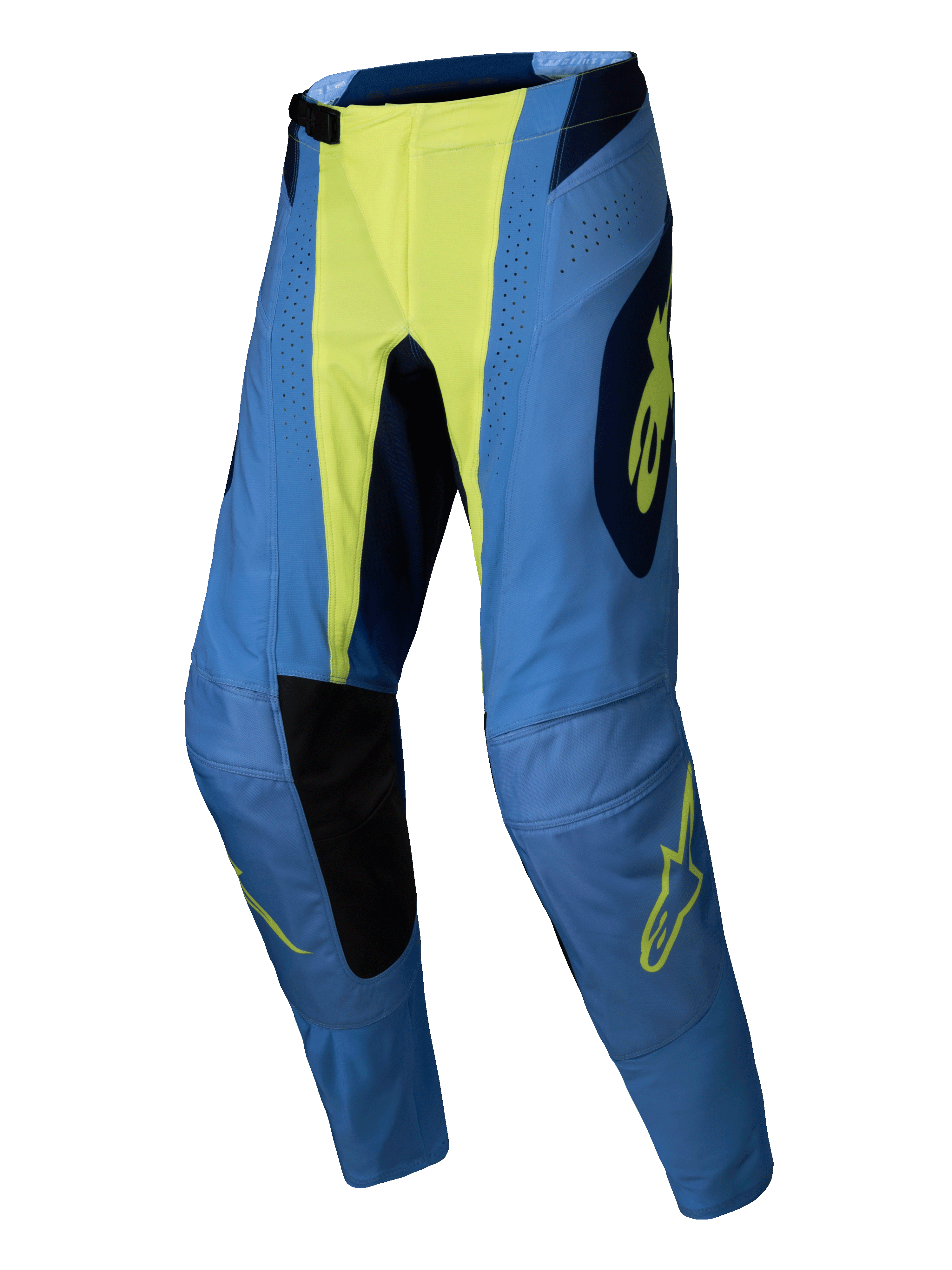 Alpinestars 2025 Techstar Melt Pants, calças de motocross, amarelo fluorescente e azul, azuis com centro e detalhes do logótipo em amarelo néon, painéis internos nos joelhos em preto, perfurações a laser, ajuste atlético de corrida para performance todo-o-terreno