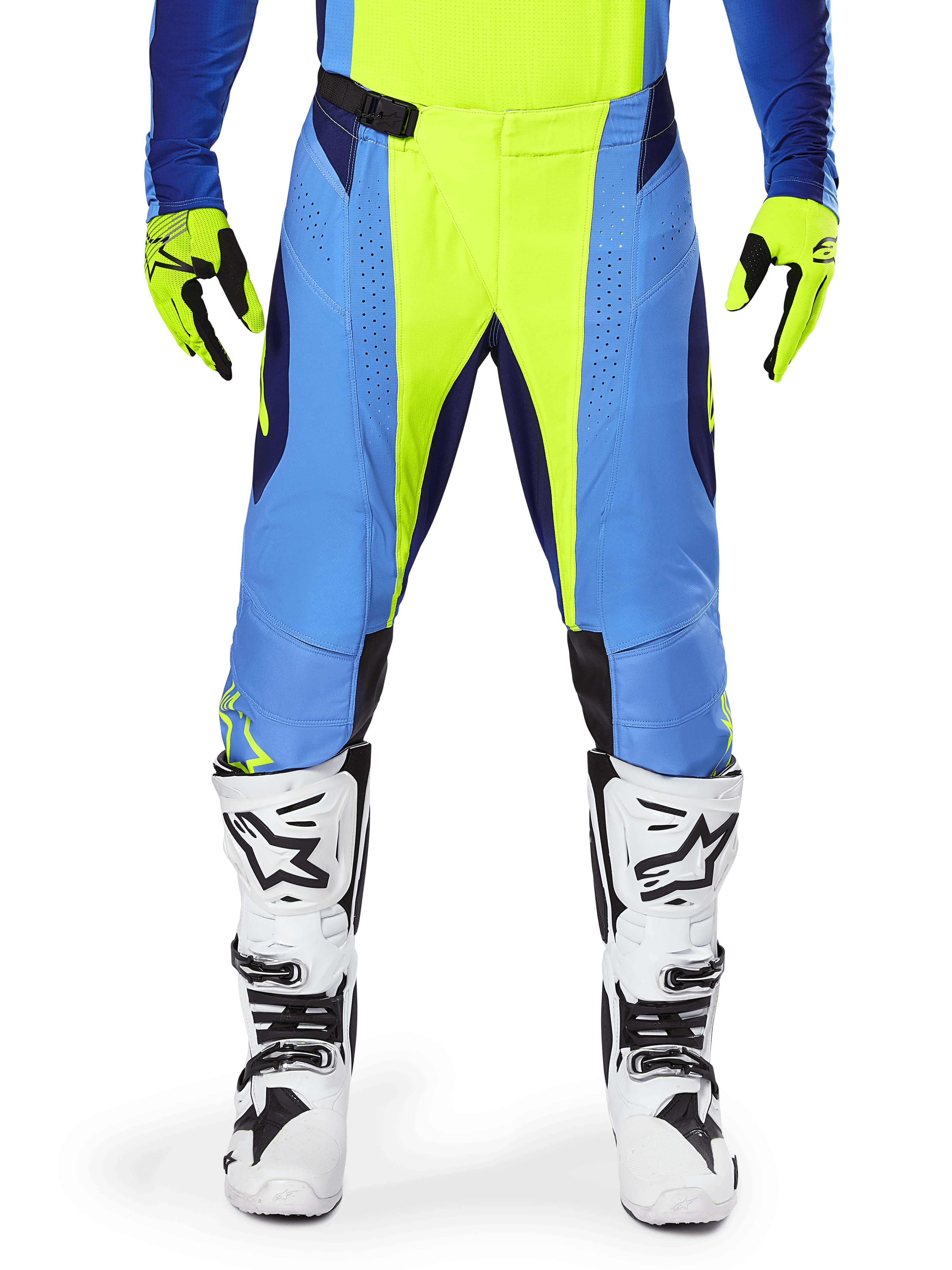 Calças Alpinestars 2025 Techstar Melt, calças de motocross, amarelo néon e azul, usadas com luvas a condizer e botas brancas, com painéis azuis e detalhes em amarelo néon, design de alta performance para corridas todo-o-terreno