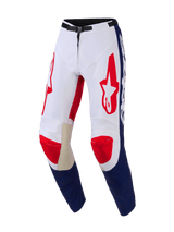 Alpinestars 2026 Racer Riway Pants, Motocross Pants, White Blue and Red, featuring red Astar logos on thighs, blue panels on the lower legs, tan leather inner knee reinforcements, and a black magnetic waist buckle, durable design for off-road performance