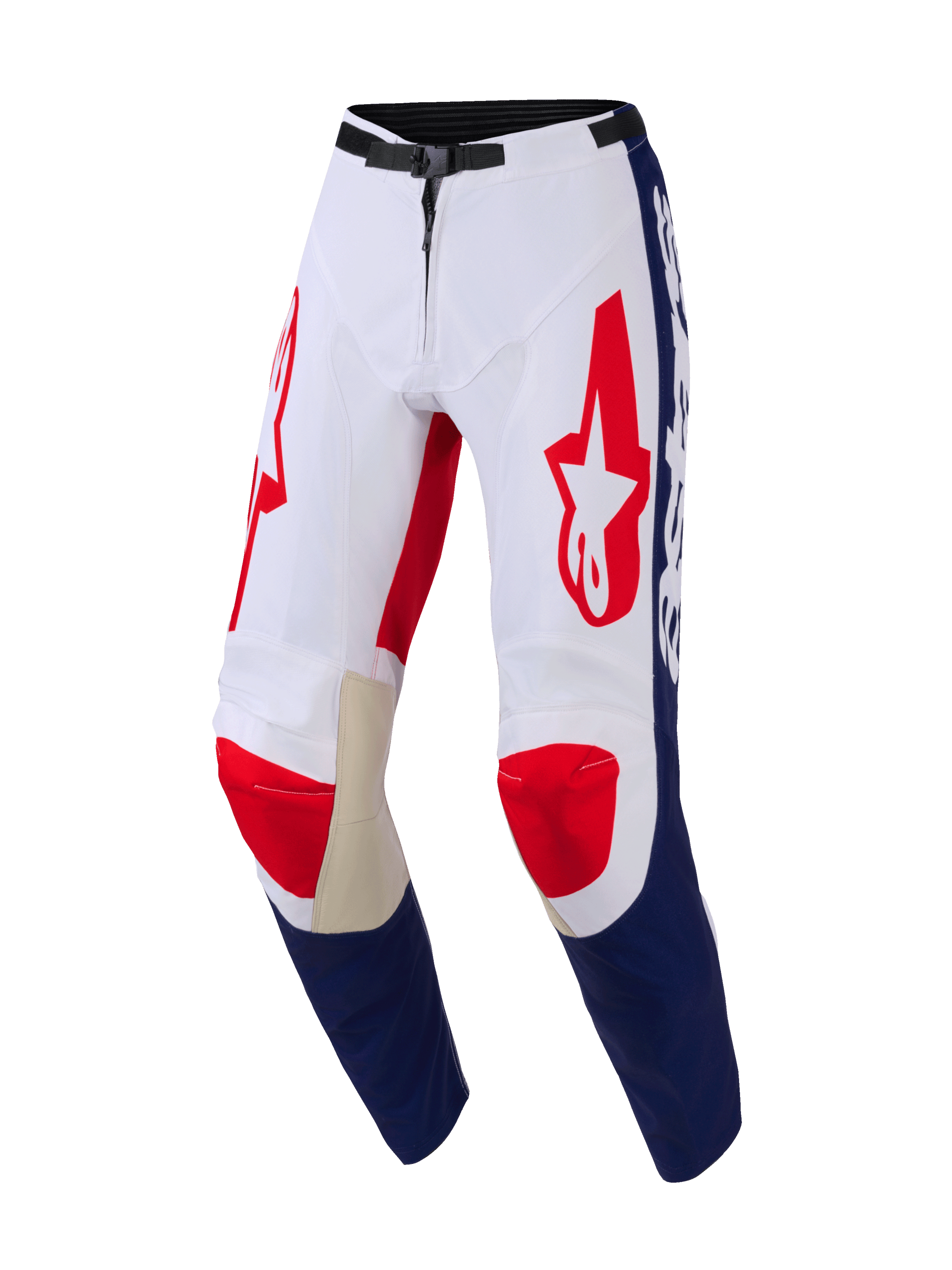 Alpinestars 2026 Racer Riway Pants, Motocross Pants, White Blue and Red, featuring red Astar logos on thighs, blue panels on the lower legs, tan leather inner knee reinforcements, and a black magnetic waist buckle, durable design for off-road performance