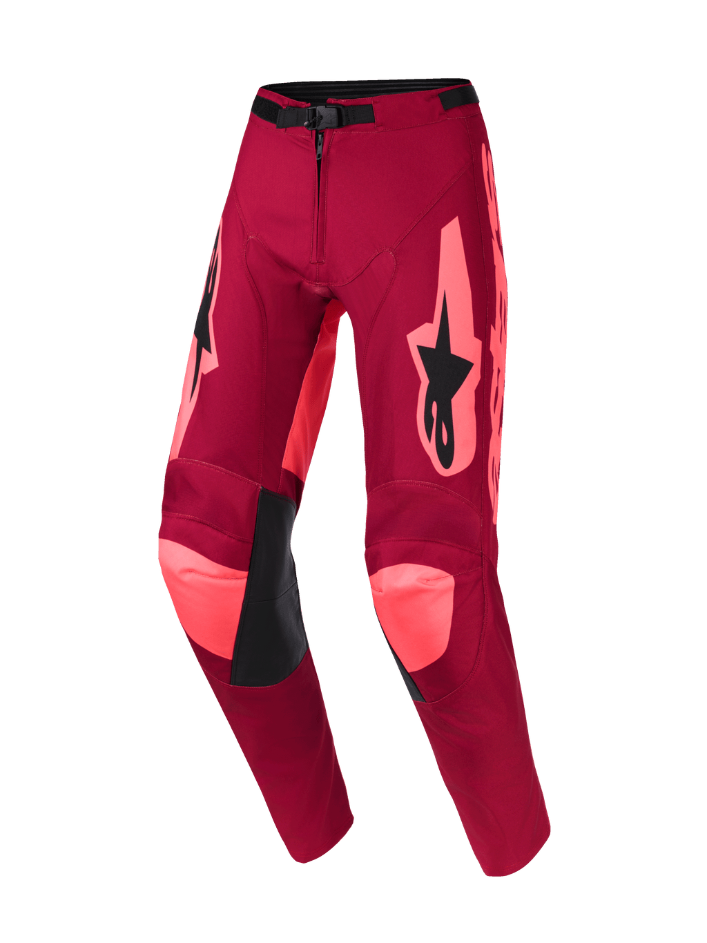 Alpinestars 2026 Racer Riway Pants, calças de motocross, Dark Red Coral, com detalhes em coral brilhante nos joelhos e laterais, logótipo Alpinestars preto nas coxas, painéis interiores dos joelhos em couro preto, fivela de cintura ajustável, design durável de competição todo-o-terreno
