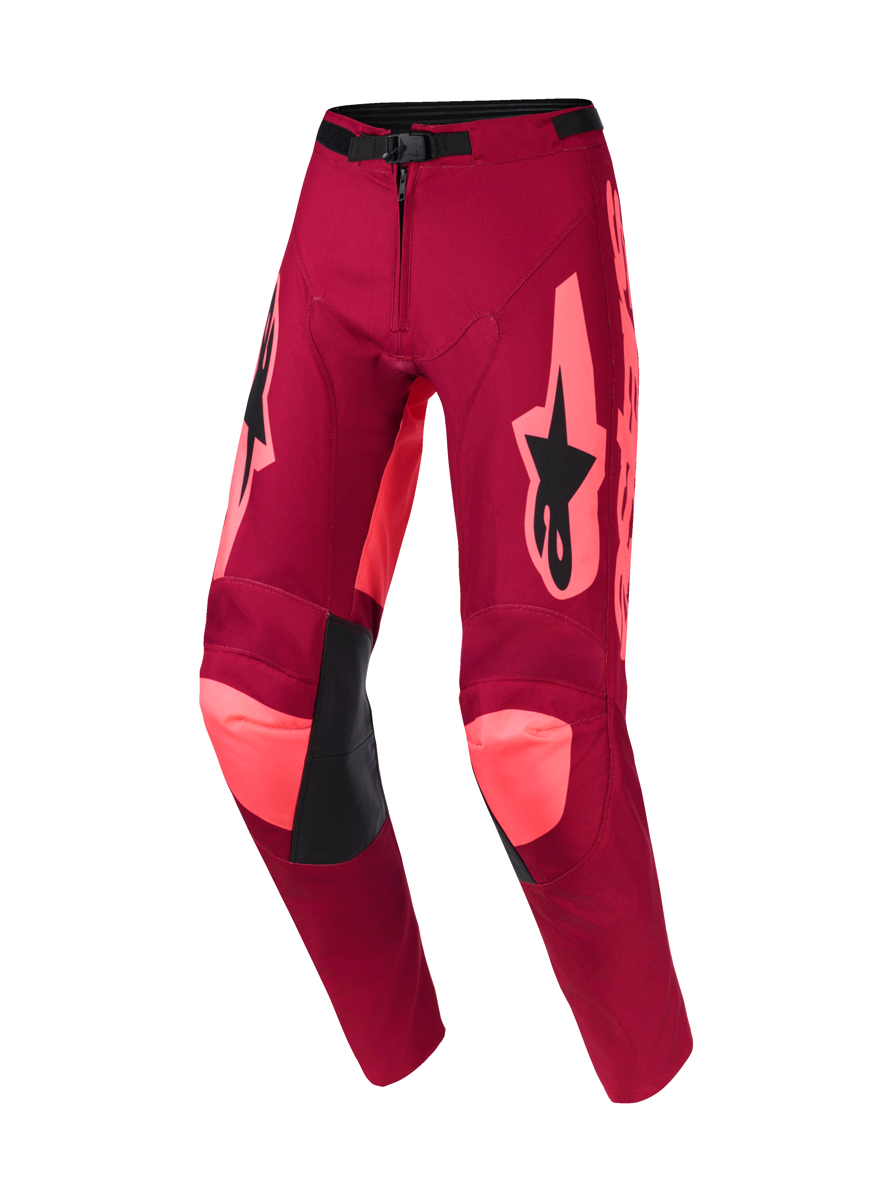 Alpinestars 2026 Racer Riway Pants, calças de motocross, Dark Red Coral, com detalhes em coral brilhante nos joelhos e laterais, logótipo Alpinestars preto nas coxas, painéis interiores dos joelhos em couro preto, fivela de cintura ajustável, design durável de competição todo-o-terreno