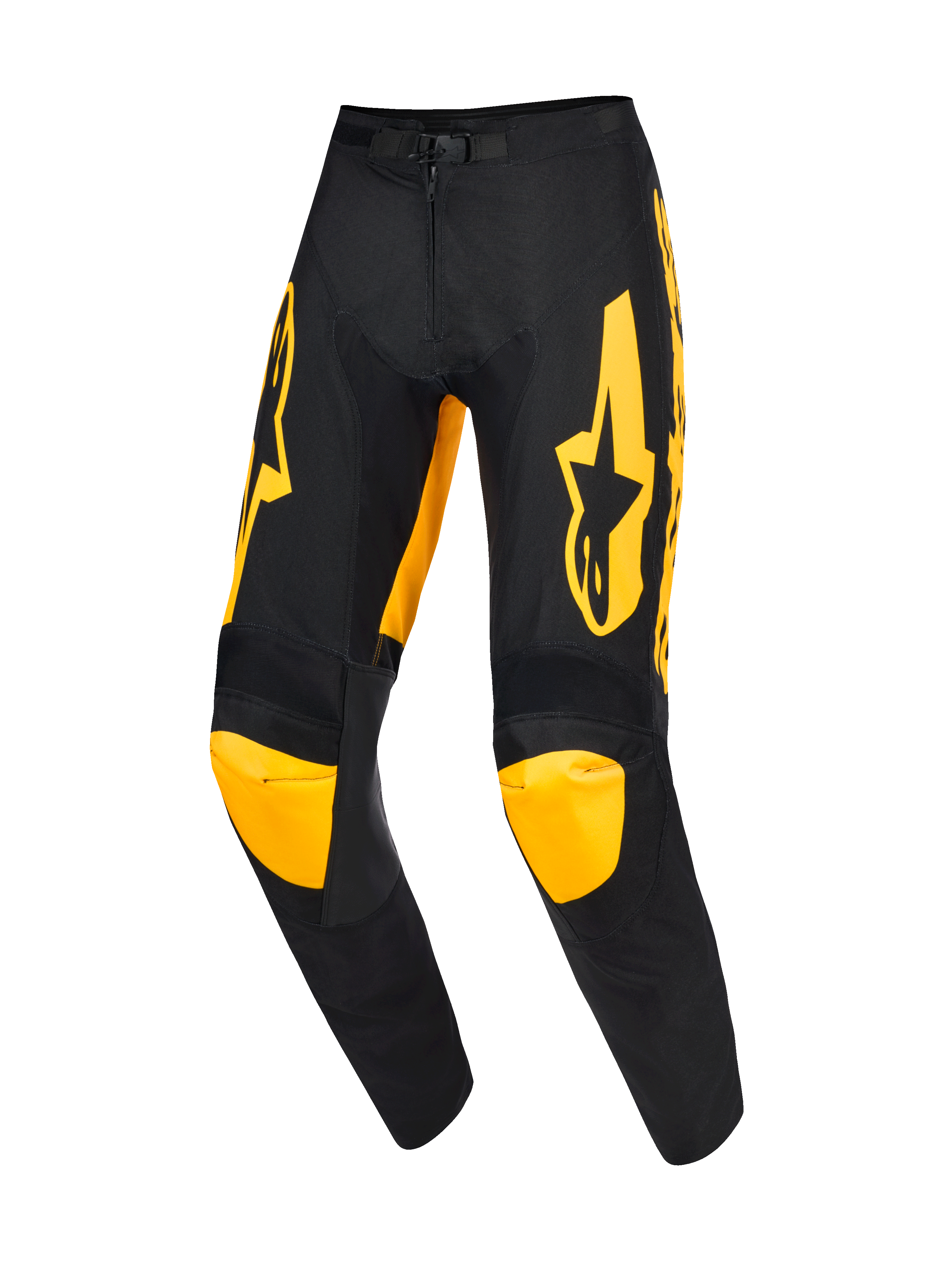 Calças Alpinestars 2026 Racer Riway, calças de motocross, amarelas e pretas, com logótipos amarelos proeminentes nas coxas e painéis amarelos nos joelhos, design ergonómico pré-curvado, construção em politecido durável para corridas profissionais de todo-o-terreno
