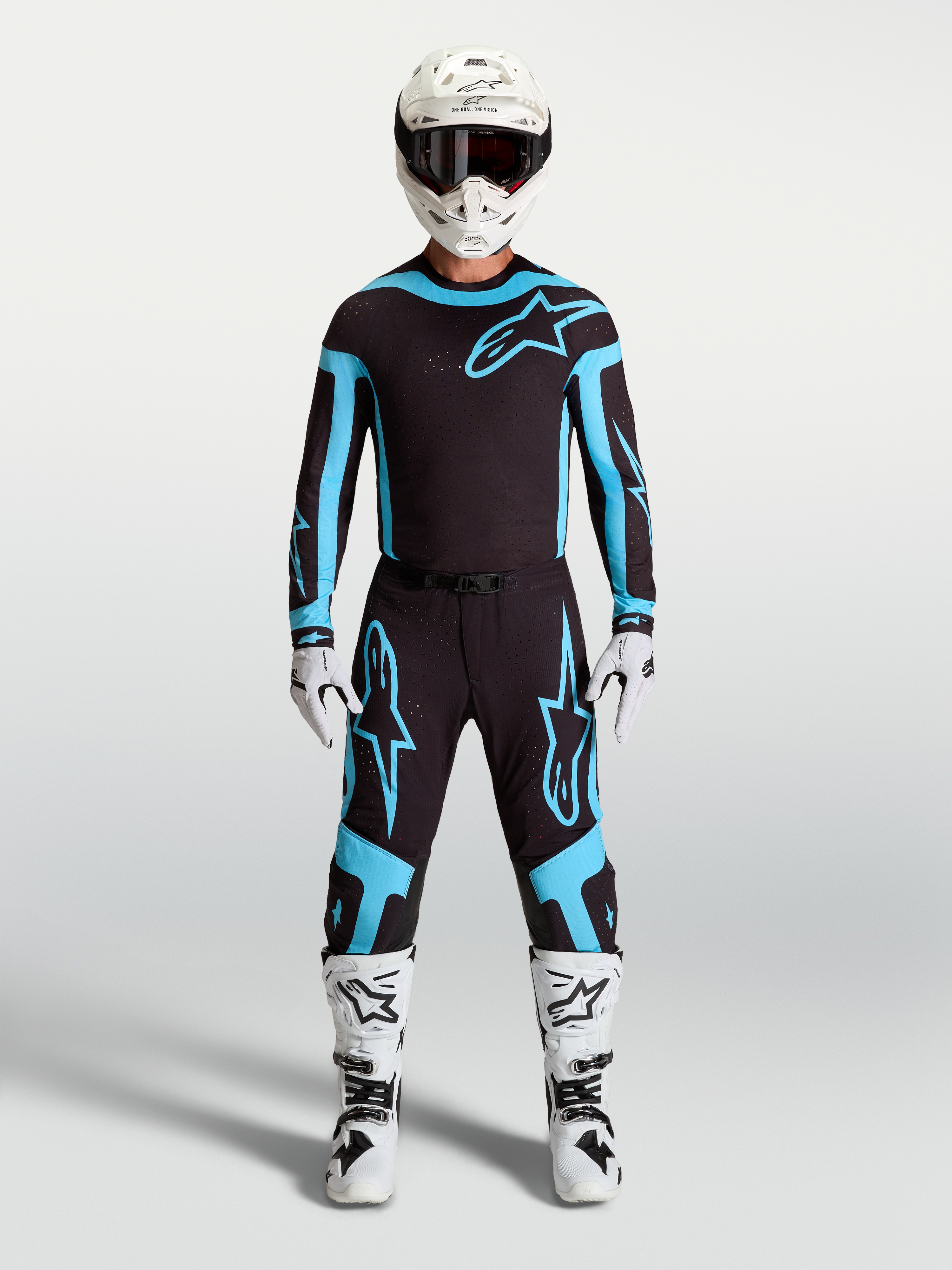 Alpinestars Calças Supertech Vesta, calças de motocross para homem, pretas e turquesa, com construção elástica leve em modelo