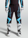 Alpinestars Calças Supertech Vesta, calças de motocross racing, pretas e azul turquesa com gráficos de estrela e painéis de joelho em couro