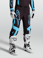 Alpinestars Calças Supertech Vesta, calças de motocross para homem, pretas e azul turquesa, tecido rip-stop elástico e painéis de couro nos joelhos
