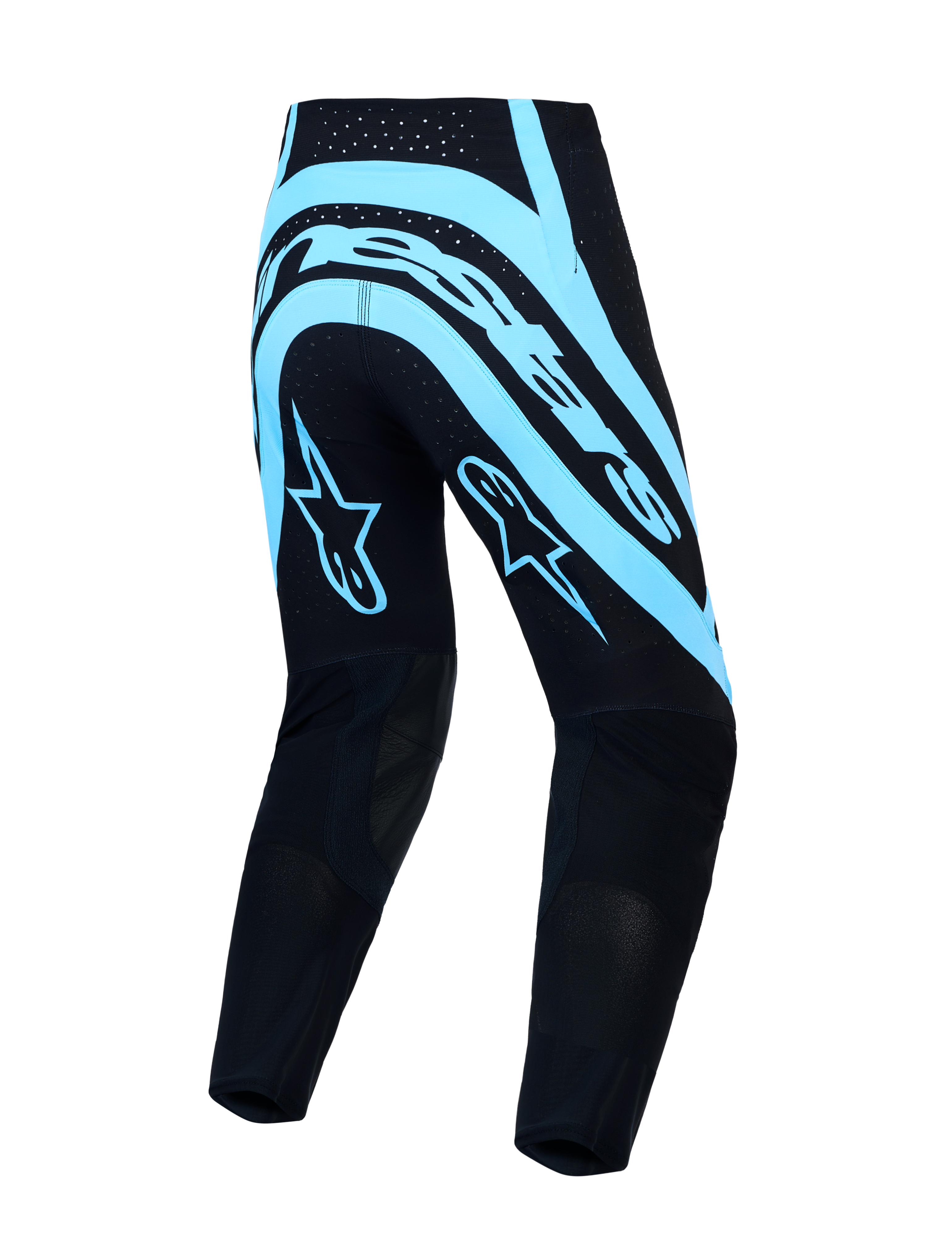 Alpinestars Supertech Vesta, calças de motocross para homem, pretas e turquesa, em rip-stop, ajuste de corrida, vista traseira