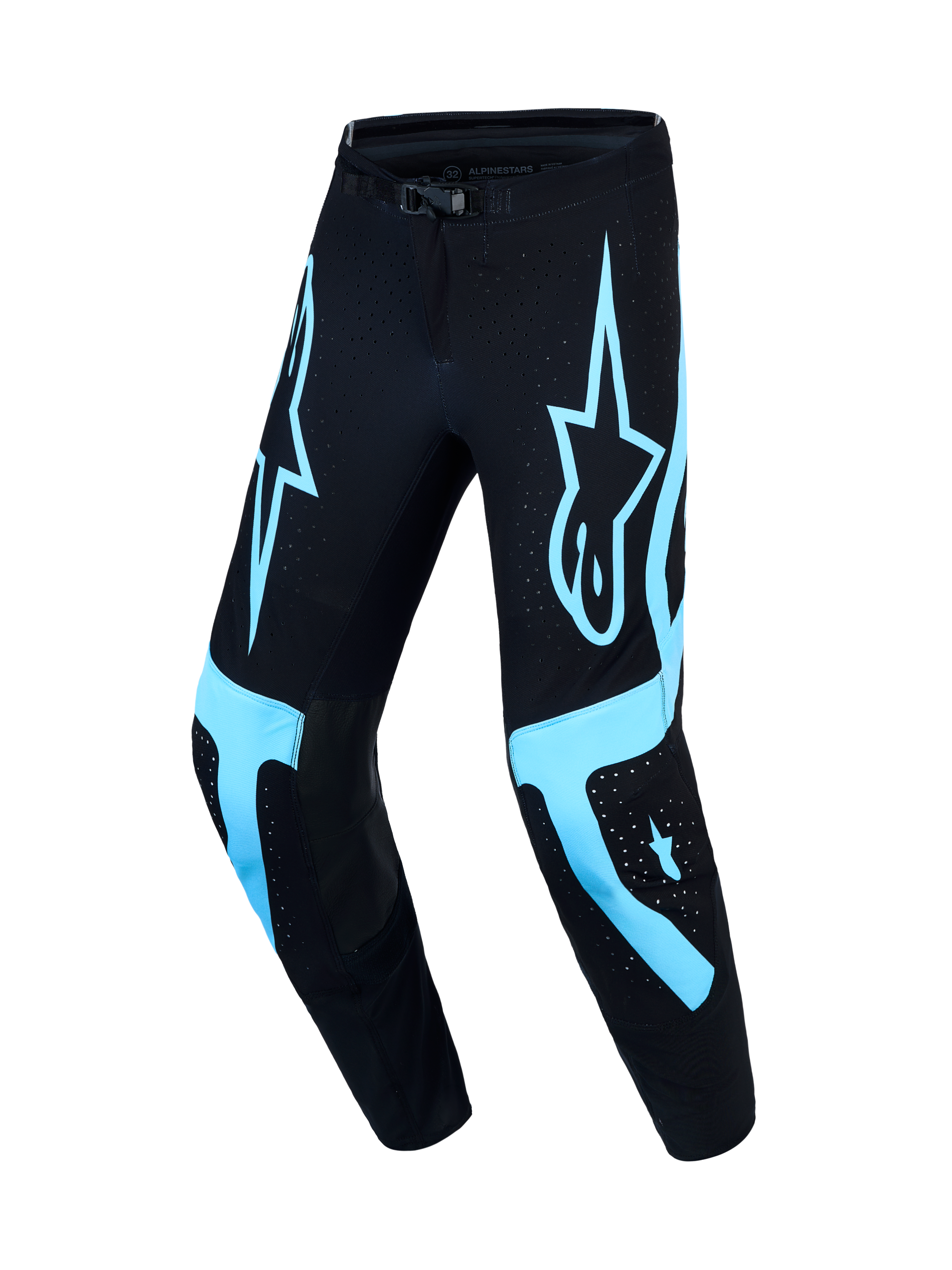 Alpinestars Supertech Vesta, calças de motocross para homem, tamanho 32, pretas e turquesa, tecido rip-stop elástico ventilado com ajuste atlético de corrida.