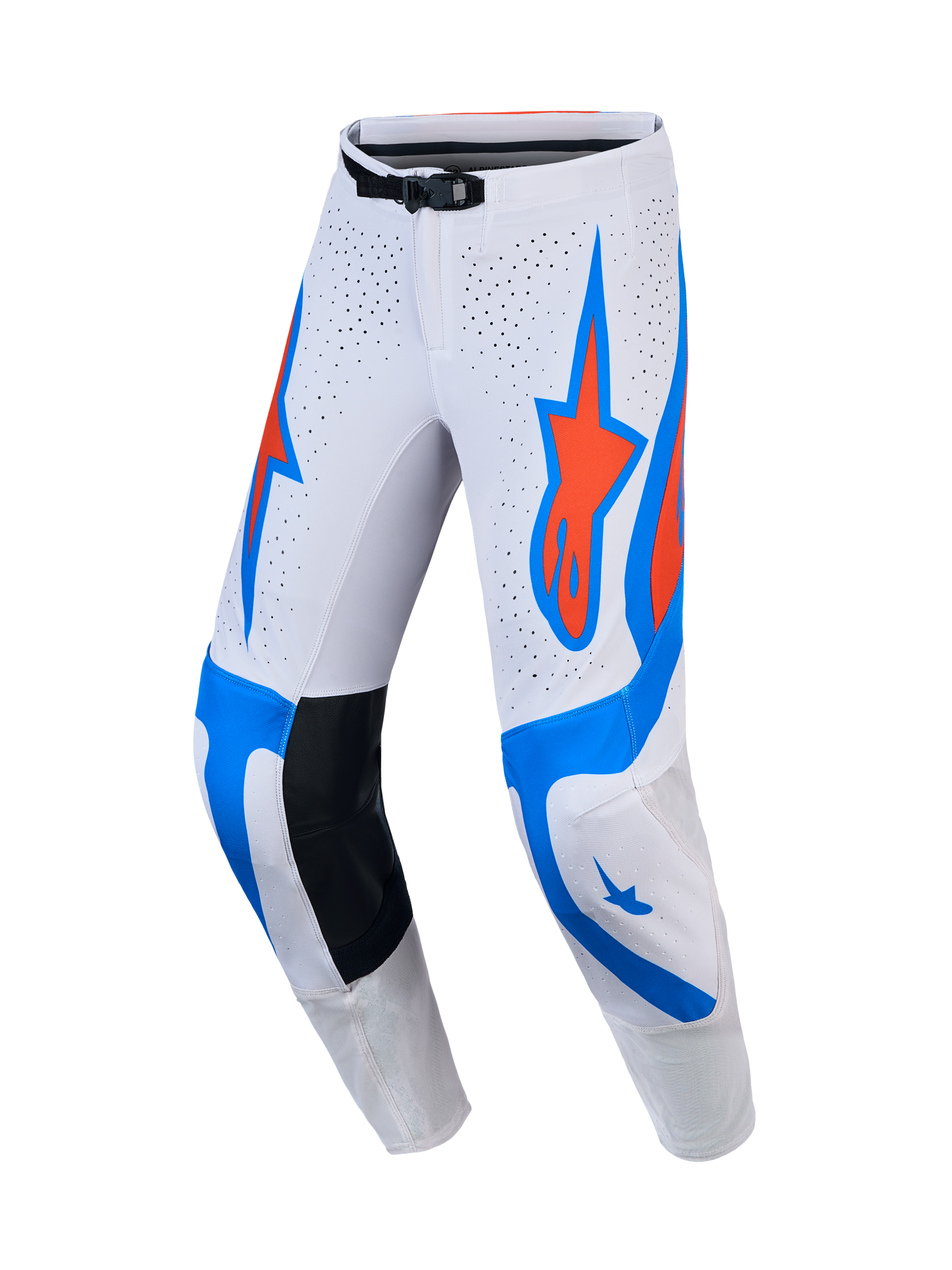 Alpinestars Supertech Vesta, calças de motocross para homem, brancas, lilás claro e vermelho cardinal, painéis perfurados.