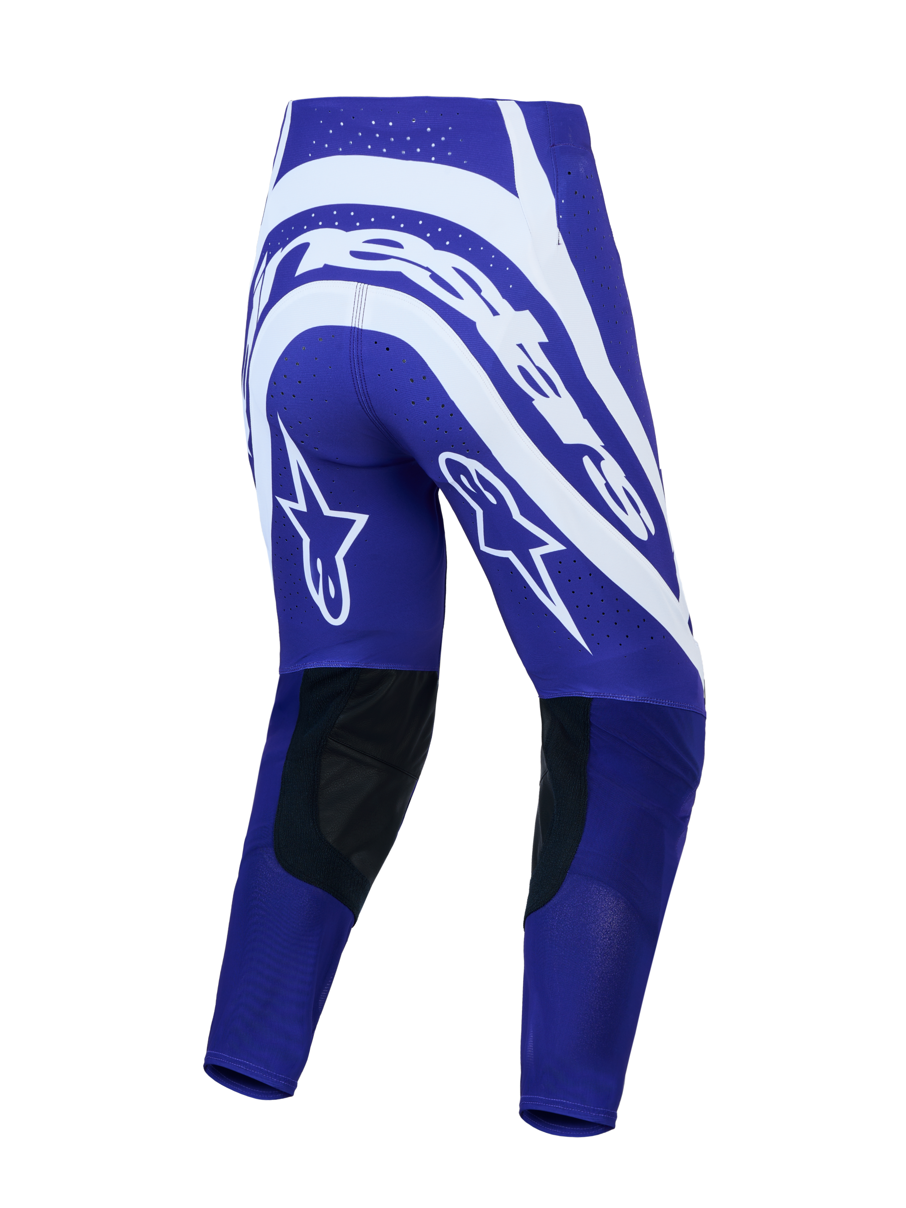 Alpinestars calças Supertech Vesta de motocross para homem, azuis e brancas, vista traseira com gráficos de estrelas e pele.